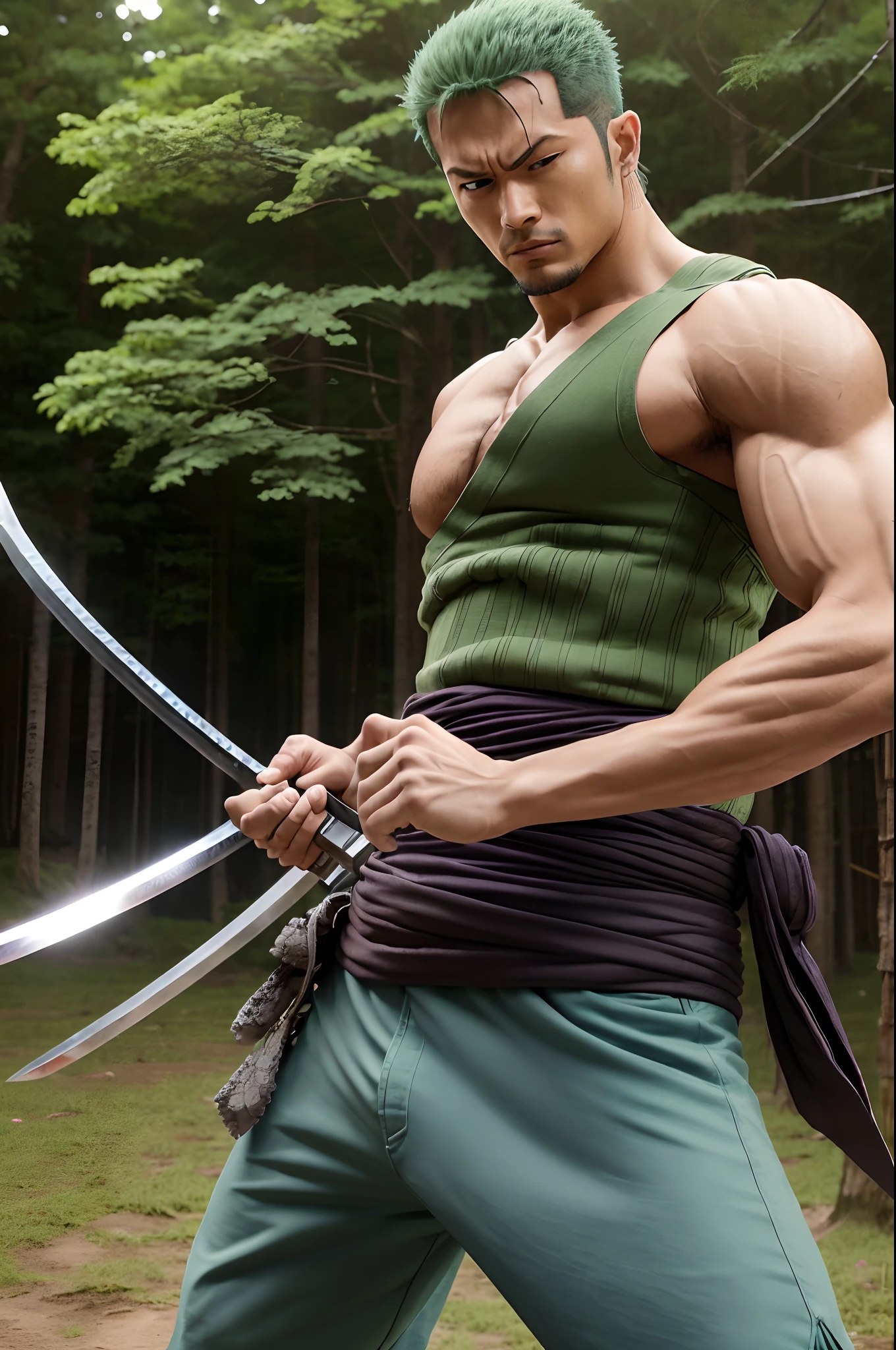 Roronoa Zoro (master part, 4k resolution, ultra-realistic, Very detailed), macho, corpo muscular, corpo imponente, imposing appearance, muscular arms, pernas musculosas, Single body, trapezoid trunk, corpo robusto, corpo muscular, Pecs redondos e carnudos definidos, Washboard ABS set, defined arms, pernas definidas, CABELOS LISOS VERDES LONGOS, (Tema de samurai branco, Charismatic, there is a swordsman next to a Japanese "Isakaya" barra, vestindo um quimono azul com detalhes de nuvem no "Obi" pista, he is commander of the first division of the leader of the mugiwara band, trabalho "one piece"), [ ((19 anos), (CABELOS LISOS VERDES LONGOS:1.2), CABELOS LISOS VERDES LONGOS, corpo inteiro, (olhos azuis:1.2), ((A pose de Roronoa Zoro), demonstration of strength, unsheathing with one hand his katanas enma), ((Japanese rural environment):0.8)| (paisagem rural, ao entardecer, dynamic lights), (sol cego)), 1 katana]. # Explanation: Prompt mainly describes a 4K painting of ultra -high high definition, CABELOS LISOS VERDES LONGOS, very realistic, Very detailed. Mostra um espadachim, mestre do estilo Santoryu de katanas, vestindo um quimono azul com detalhes de nuvem na cintura. The subject in the painting is a subject of a white swordsman, holding with one hand his black katana