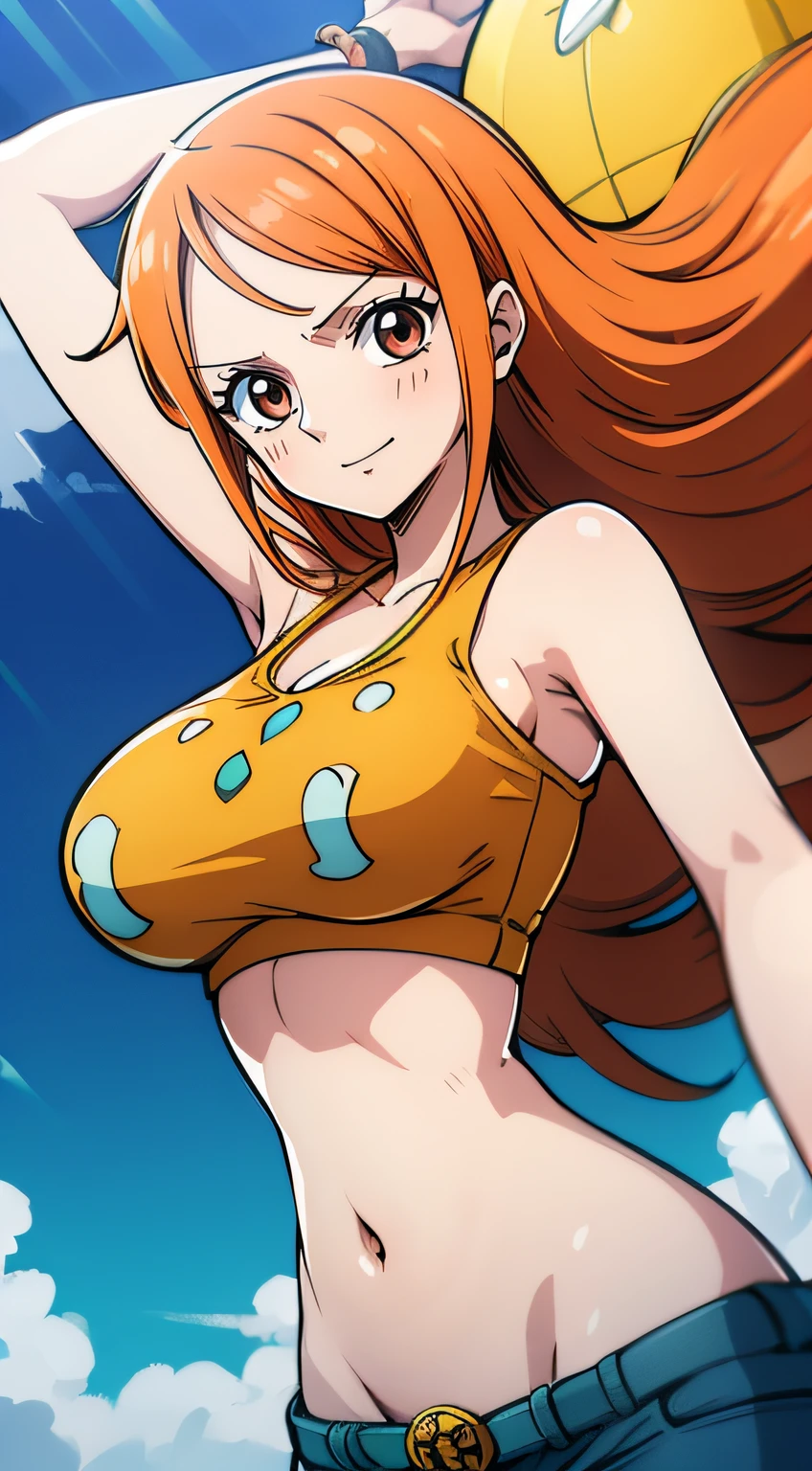 Generar una imagen realista de estilo anime de Nami de One Piece. Captura su apariencia distintiva con cabello naranja, una camisa, and a cheerful expression. Make sure the picture reflects your adventurous and confident personality as shown in the anime.., cuerpo completo, Plano amplio , NSFW, Curvy athletic body, Antecedentes de la isla,top de sujetador, falda, ojos naranjas, ojos naranjas, armpits, barriga, breasts