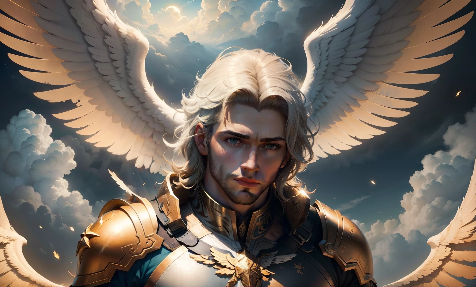 (papel de parede 8k extremamente detalhado), uma pintura realista de um Anjo (masculino) com rosto detalhado e perfeito, com armadura dourada em seu peito, with detailed wings amid the clouds in the sky with golden lights, intrincado, alto detalhe, Dramatic
