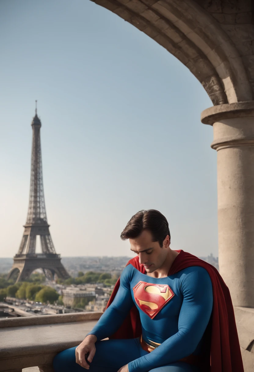 Superman drinks coffee sitting at the top of the Eiffel Tower in Hisham Habchi style.