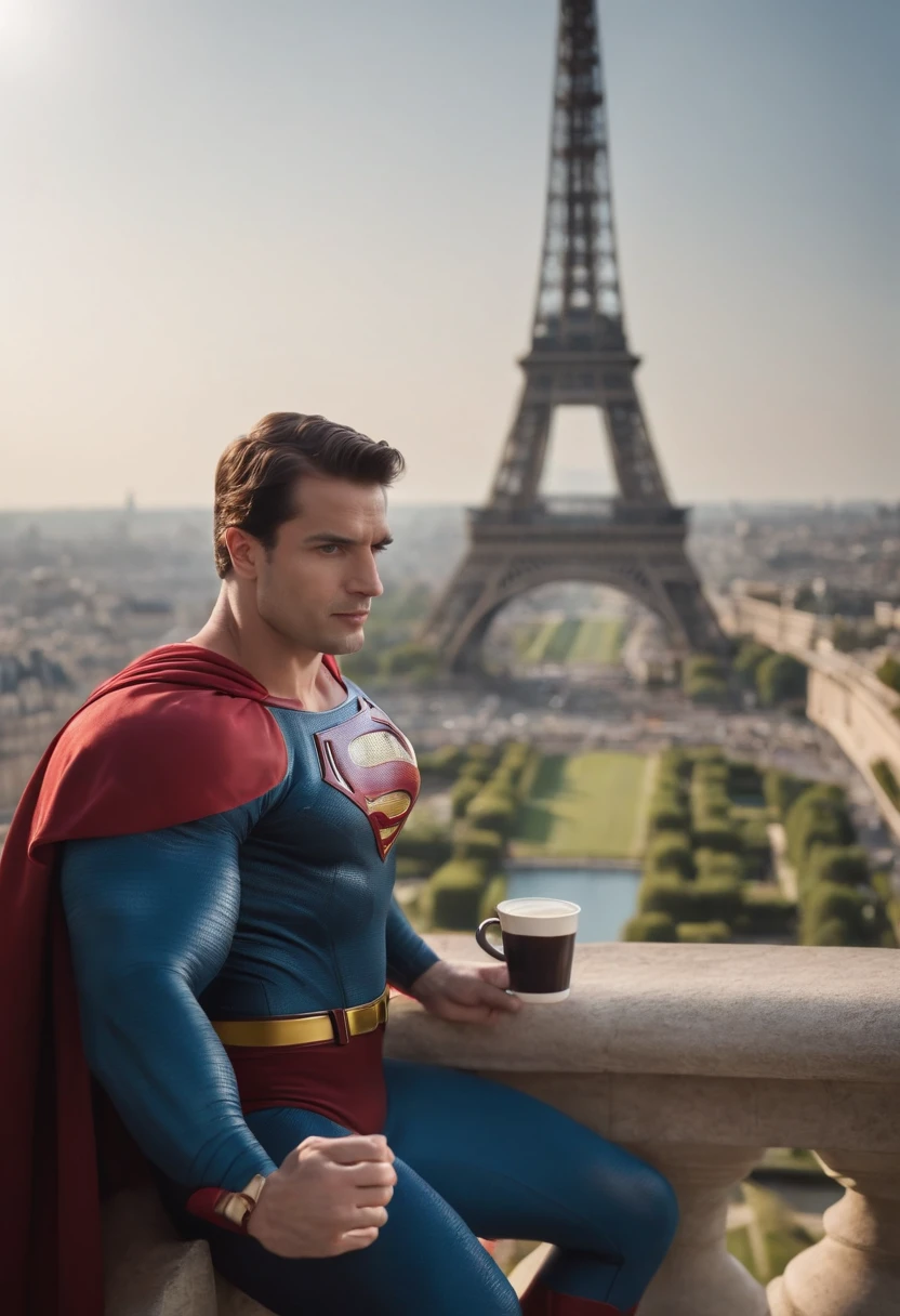 Superman drinks coffee sitting at the top of the Eiffel Tower in Hisham Habchi style.