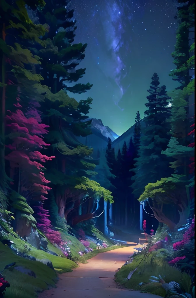 (a colorful deep forest inside montain), (vast and expansive view), (night view), (a lot of different specie of trees),(lush and vibrant greenery), (peaceful and tranquil atmosphere), (serene and otherworldly colors), (sense of depth and scale), (no human presence),(one footpath to the horizon), (harmonious and balanced composition)