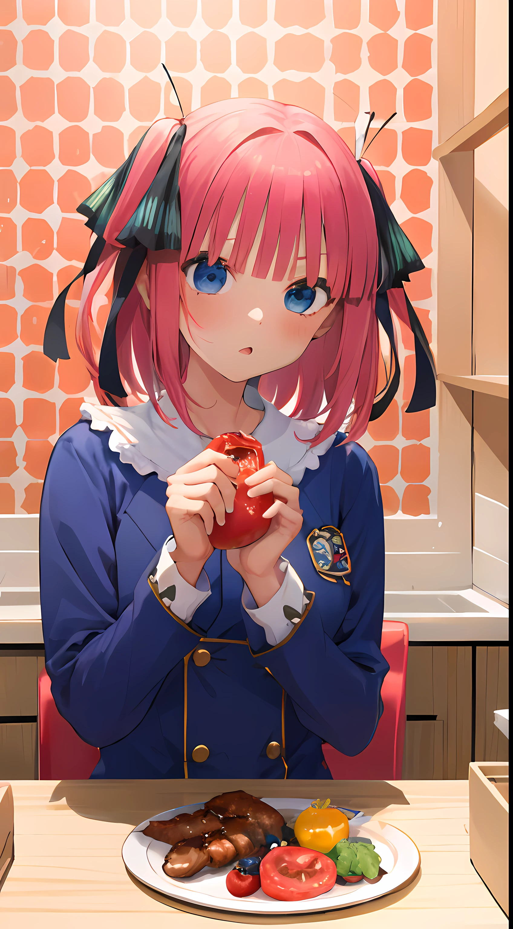 Bandeja blanca、girl with, Makano Nino、hombrecito、ojos rojos、cabello verde、Trajes:tomate、cosplay:tomate、peluches、Traje rojo((Enano sentado en un plato:1.8))、kawaii、Tener miedo、tiembla por