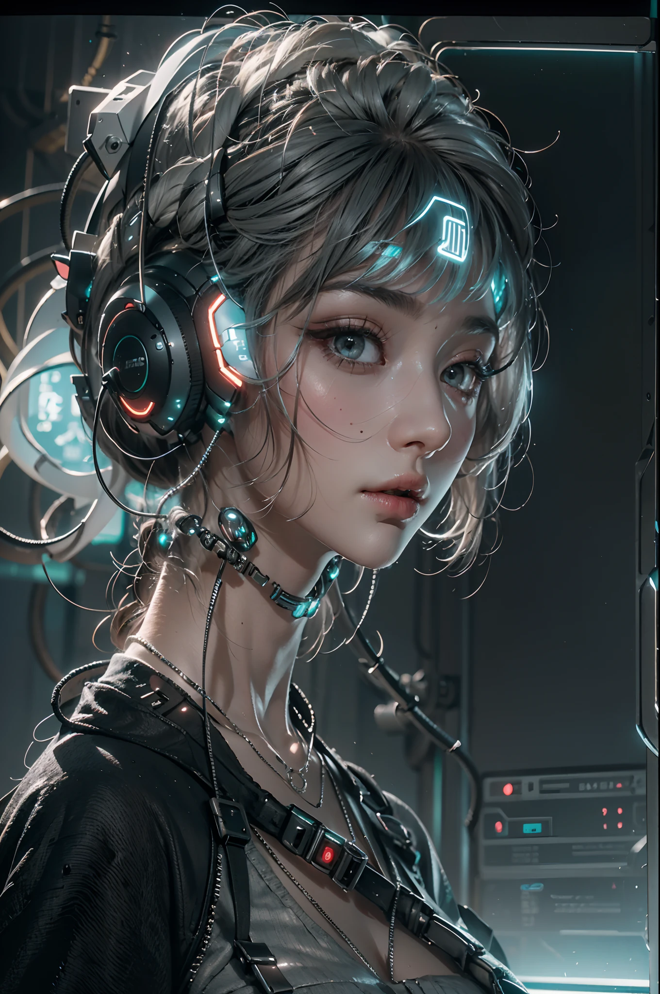 Full body like，1girll，Perfect facial features，delicated face，(((Clean face)))，(cyber punk perssonage:1.3)，Bring headphones，shelmet，jewely，eardrop，choker necklace，inside in room，Electronic wire background，best qualtiy，tmasterpiece，Movie filter presets，movie level lighting，c4d渲染，rendering by octane，with light glowing，High chiaroscuro，