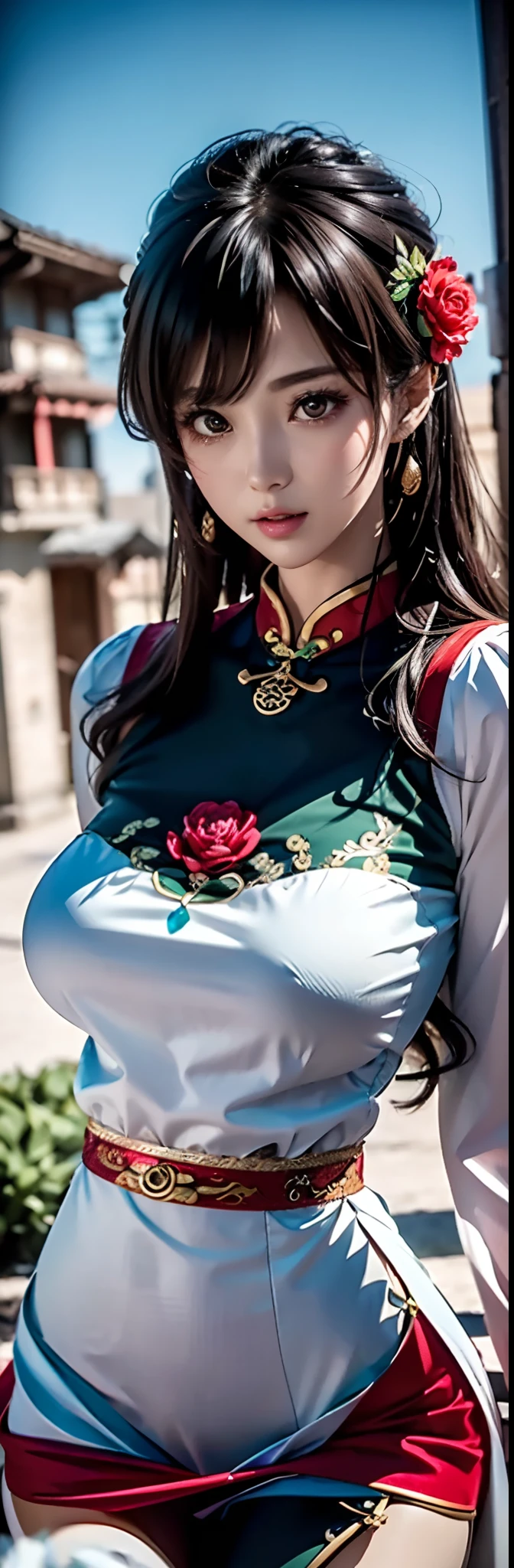 (Best quality, Ultra-detailed, photo-realistic:1.37), 3D anime style girl with green wavy curls, A delicate facial feature,Girl with long eyelashes, Bright red eyes reflect light, full pouty lips, A colorful crystal necklace, Black cheongsam dress,white trim, Peony pattern on clothes, Clear black border thigh stockings, and ultra-wide-angle anime shots.