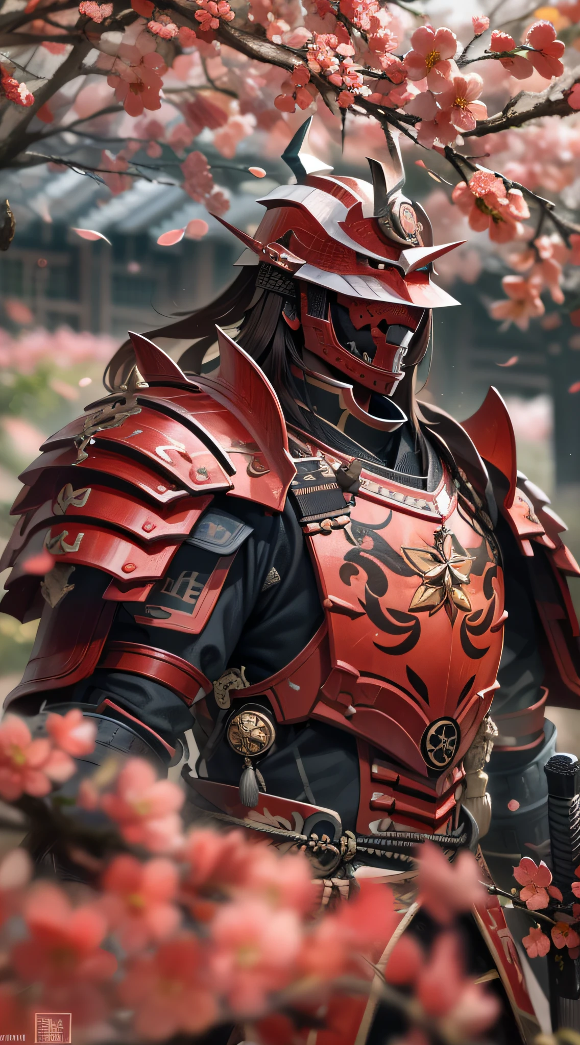 (best quality), (masterpiece), hd, detailed, Hutao, Genshin Impact, Armored Samurai, Red Armor, Japan City, Sakura tree, close up photo,