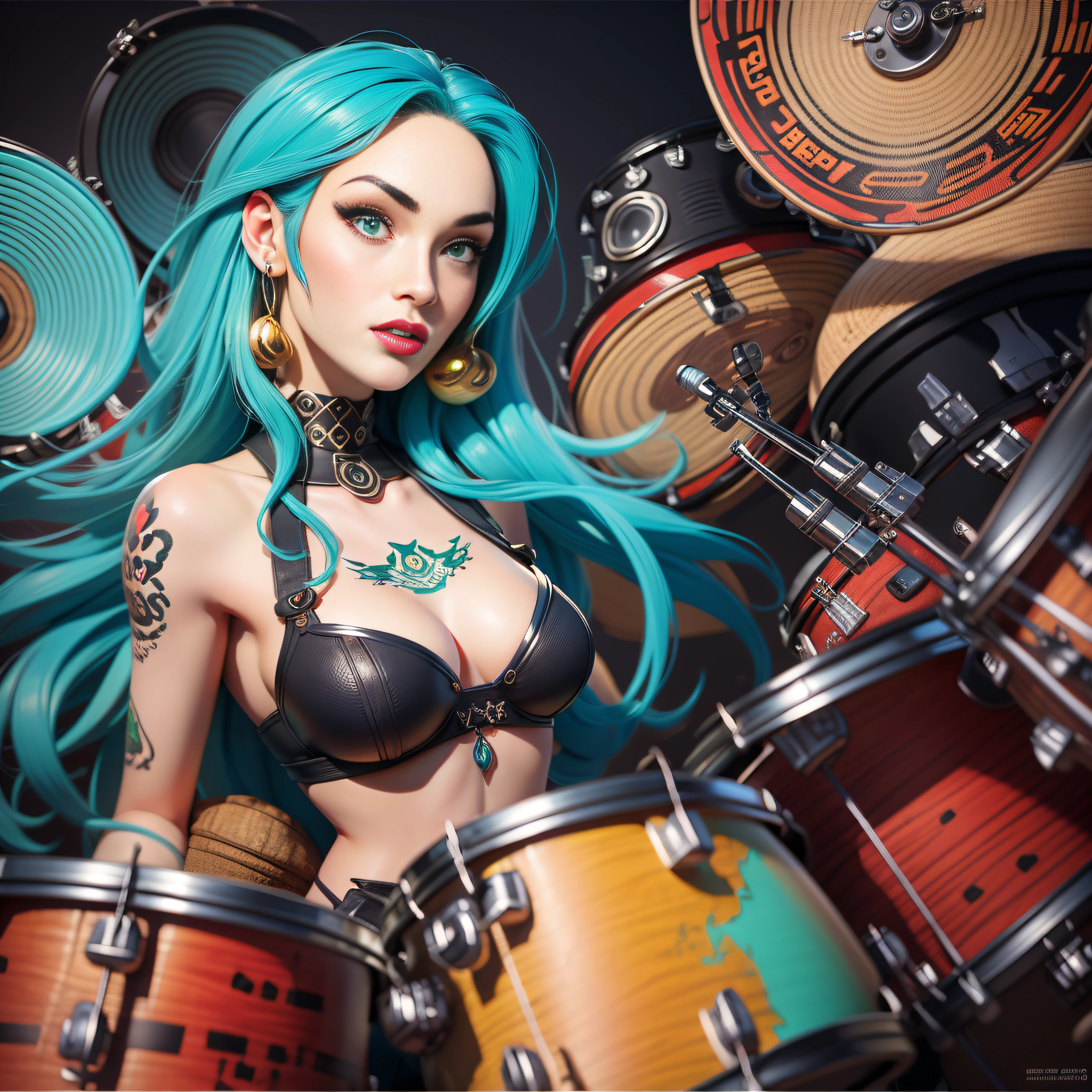 a woman Megan Fox red lips, green eyes drummer with dreadlocks and a drum kit in a recording studio, drummer, playing drums, more details, beautiful gorgeous digital art, stunning digital illustration, gorgeous digital art, colorfull illustration, beautiful digital illustration, beautiful digital artwork, exquisite digital illustration, a beautiful artwork illustration, colorful illustration,