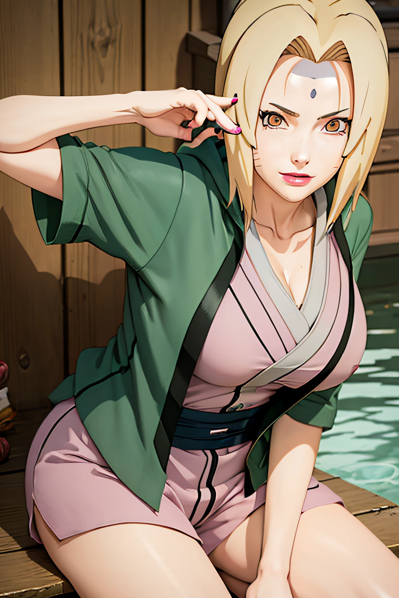 (masterpiece: 1,6), tsunade ( naruto) , smile , water , green hoody , yallow hair , large breast , shirt , short pants , young , pink lips, anime girl ,