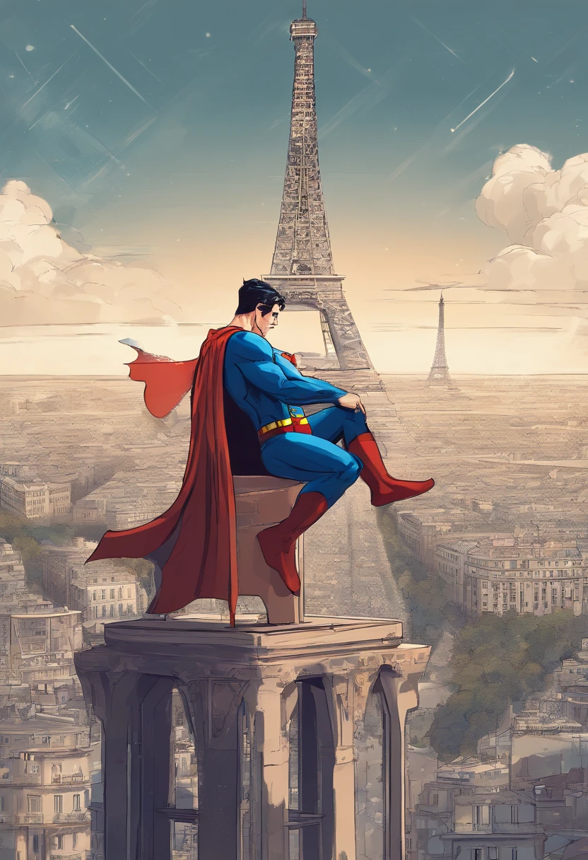 Superman drinks coffee sitting on top of the Eiffel Tower in Hishaham Habchi style..