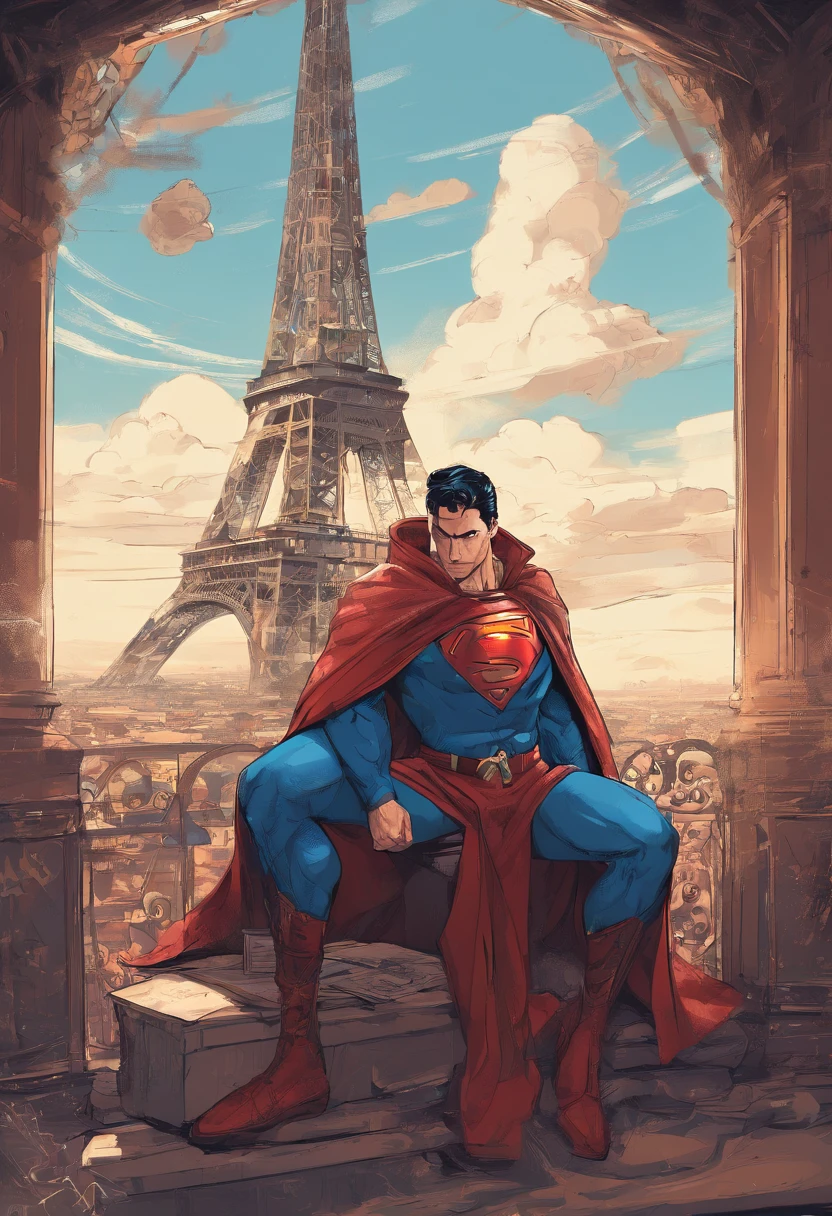 Superman drinks coffee sitting on top of the Eiffel Tower in Hishaham Habchi style..