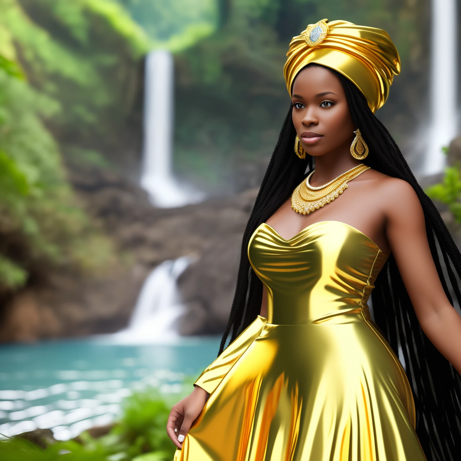 ultra-realistic, a beautiful black woman, like the African orisha Oxum, wearing a gold, puffy dress and a gold turban, with a beautiful waterfall in the background. --auto --s2