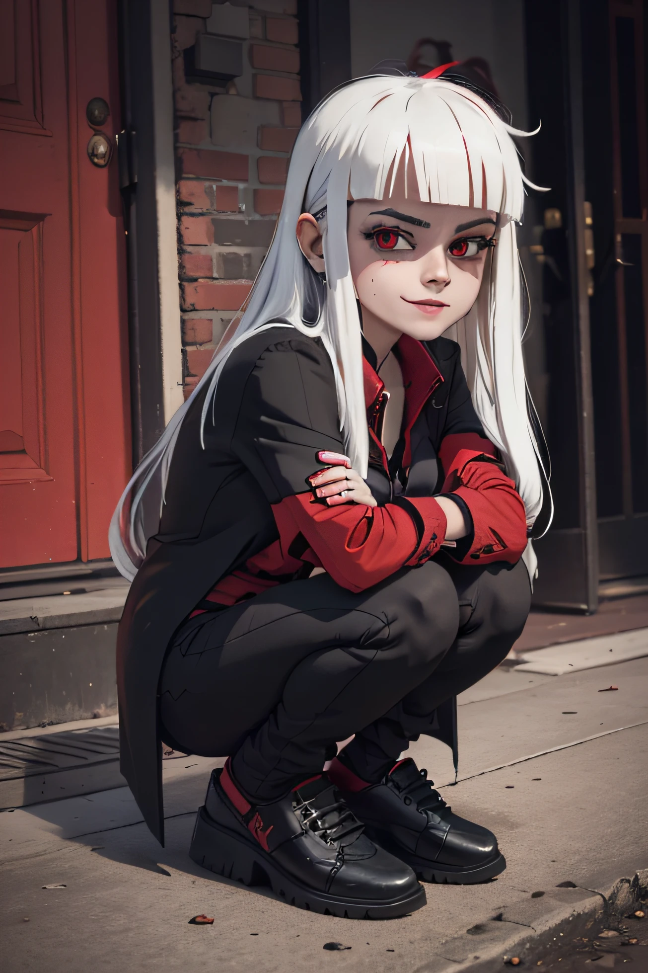 1 girl , in red place called hell , smile , lusifer (helltaker), black pants , red shirt , black shoes , white hair , long hair