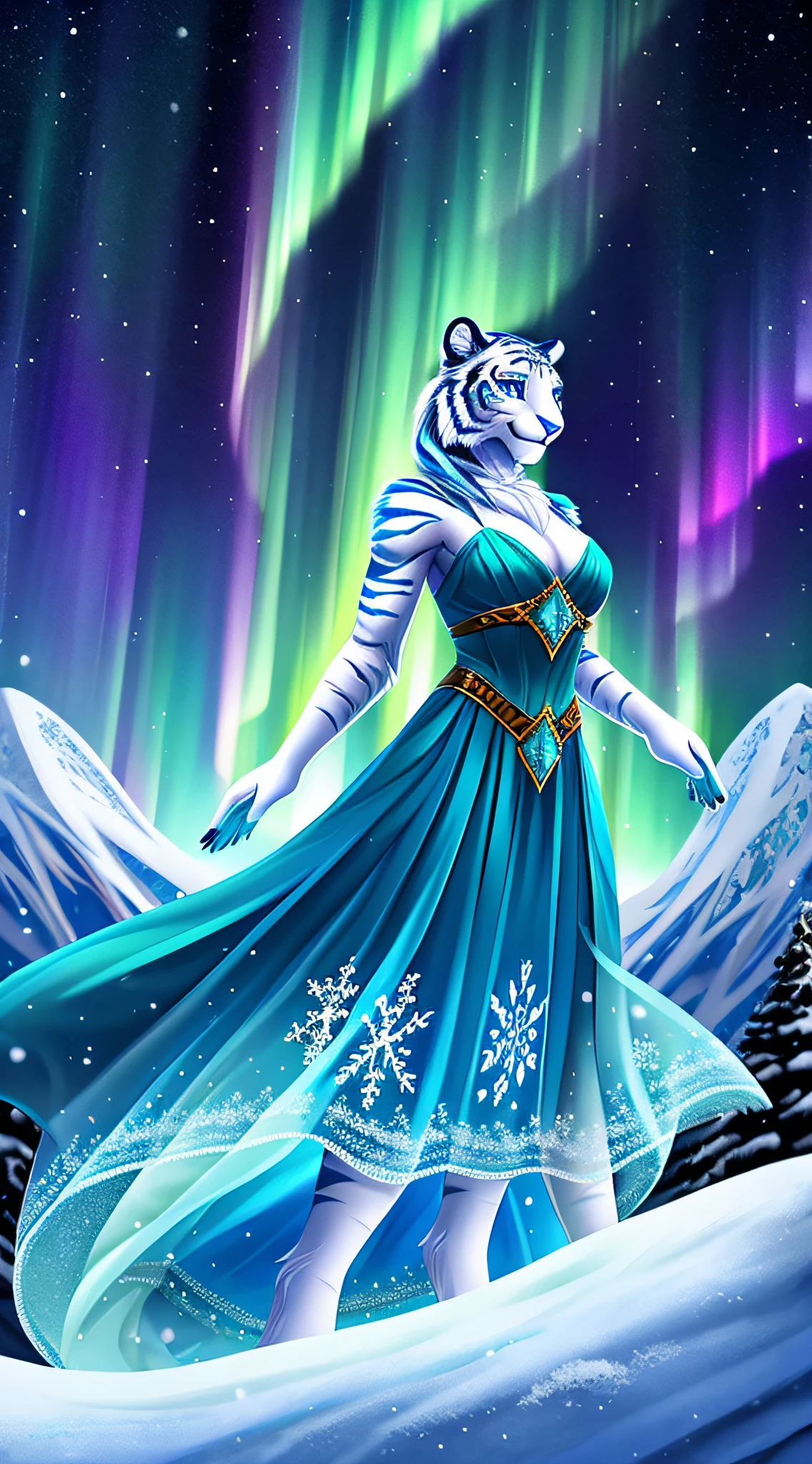 zoomed out image, fantasy style art, a tall anthropomorphic female white tiger who is an ice mage, blue eyes, long eyelashes, long fluffy tail, teal dress with snowflake designs, using ice magic, smiling confidently, on top of a snowy mountain, aurora borealis, stunning visuals, digital illustration.