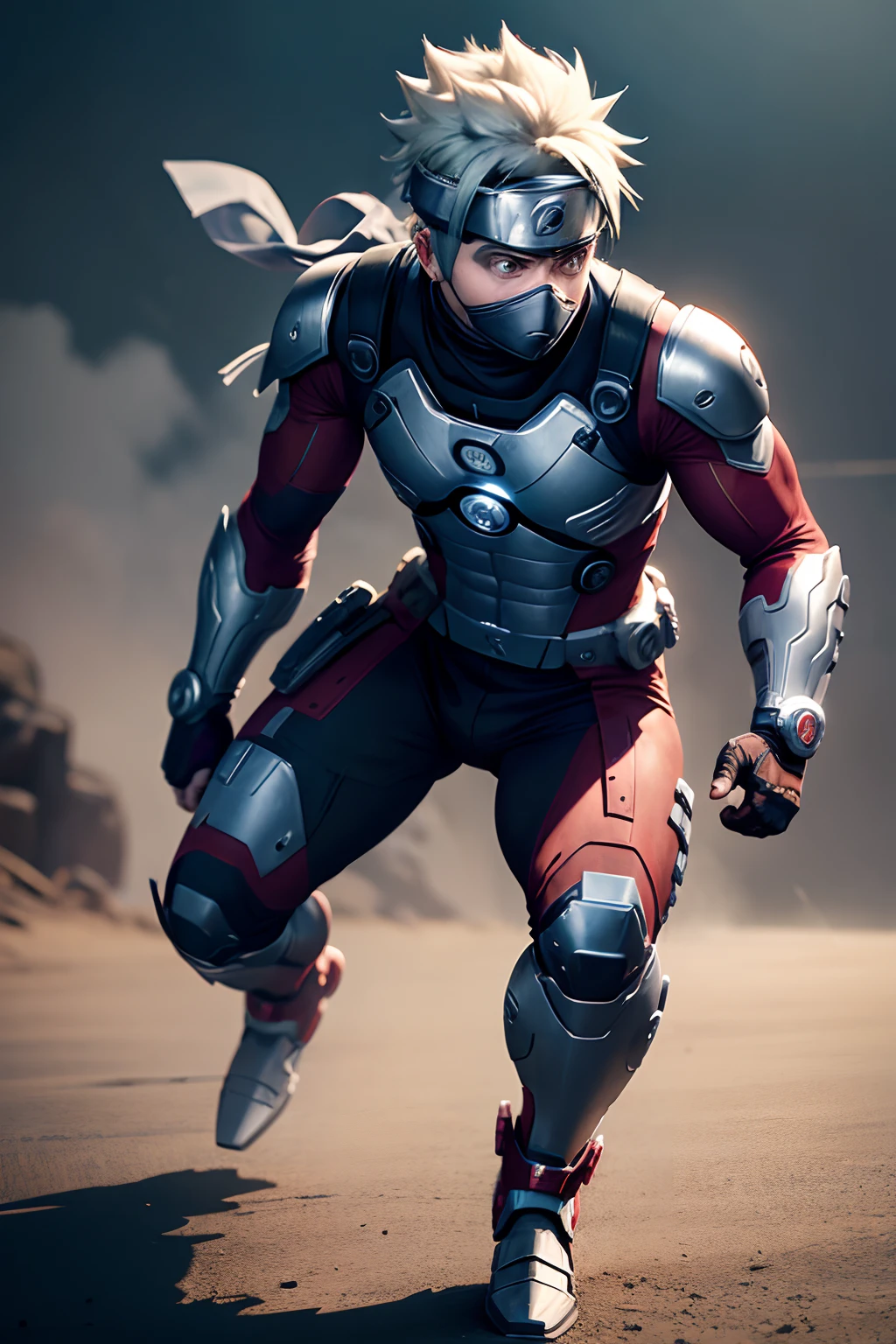 kakashi (naruto) as ironman, full body, solo, male, man, realistic, detailed, perfect lighting, perfect shadow, perfect body, perfect picture, Super High Resolution, (Realism: 1.4), Original Photo, Best Quality, Masterpiece, Cinematic Experience