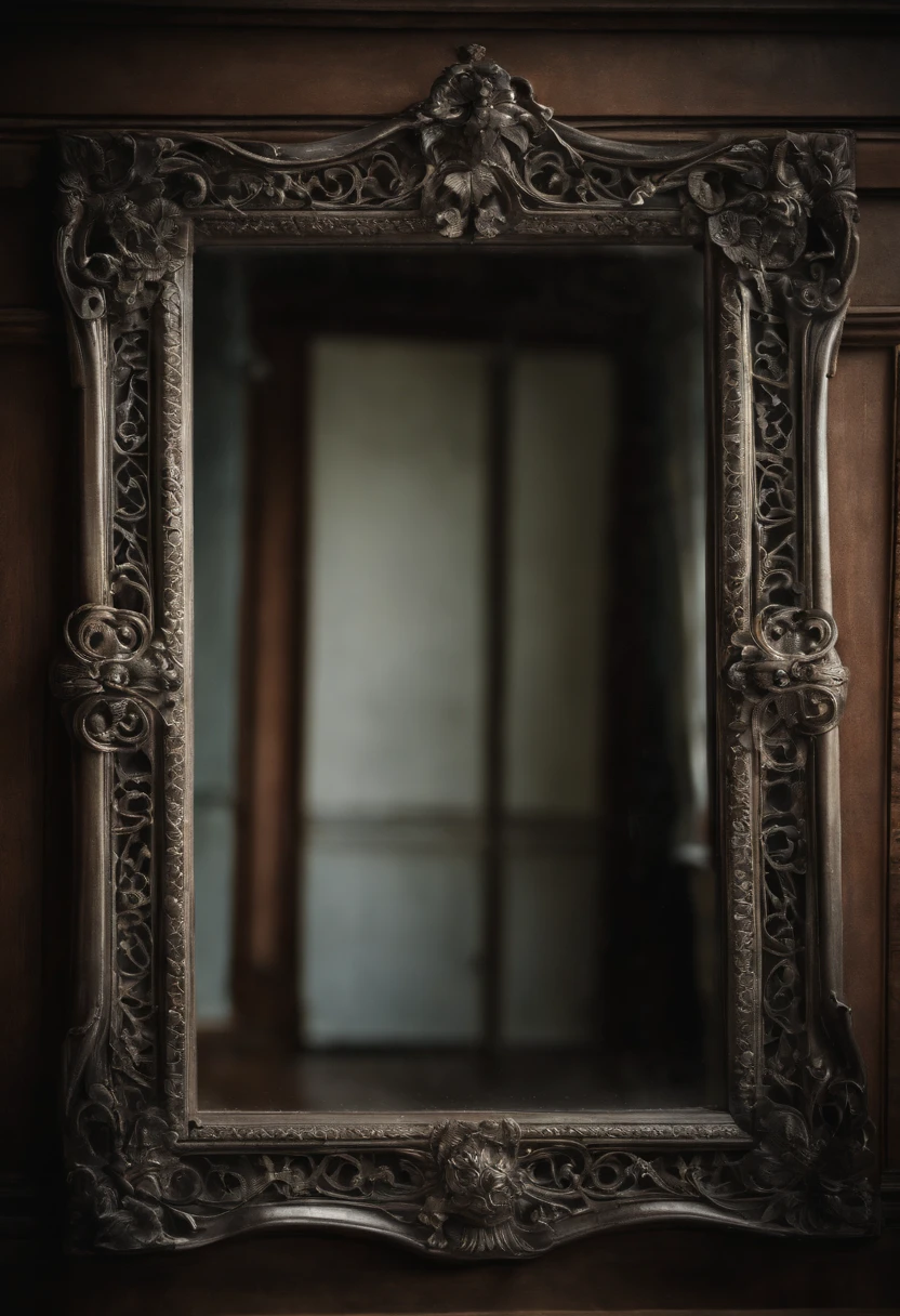 ancient black frame mirror, aged reflection, ornate details, vintage charm, intricate patterns, antiquity, mystery, decadent beauty, delicate filigree, old-world elegance, tarnished silver, delicate carvings, weathered wood, faded grandeur, dust and cobwebs, soft, diffused light, nostalgic aura