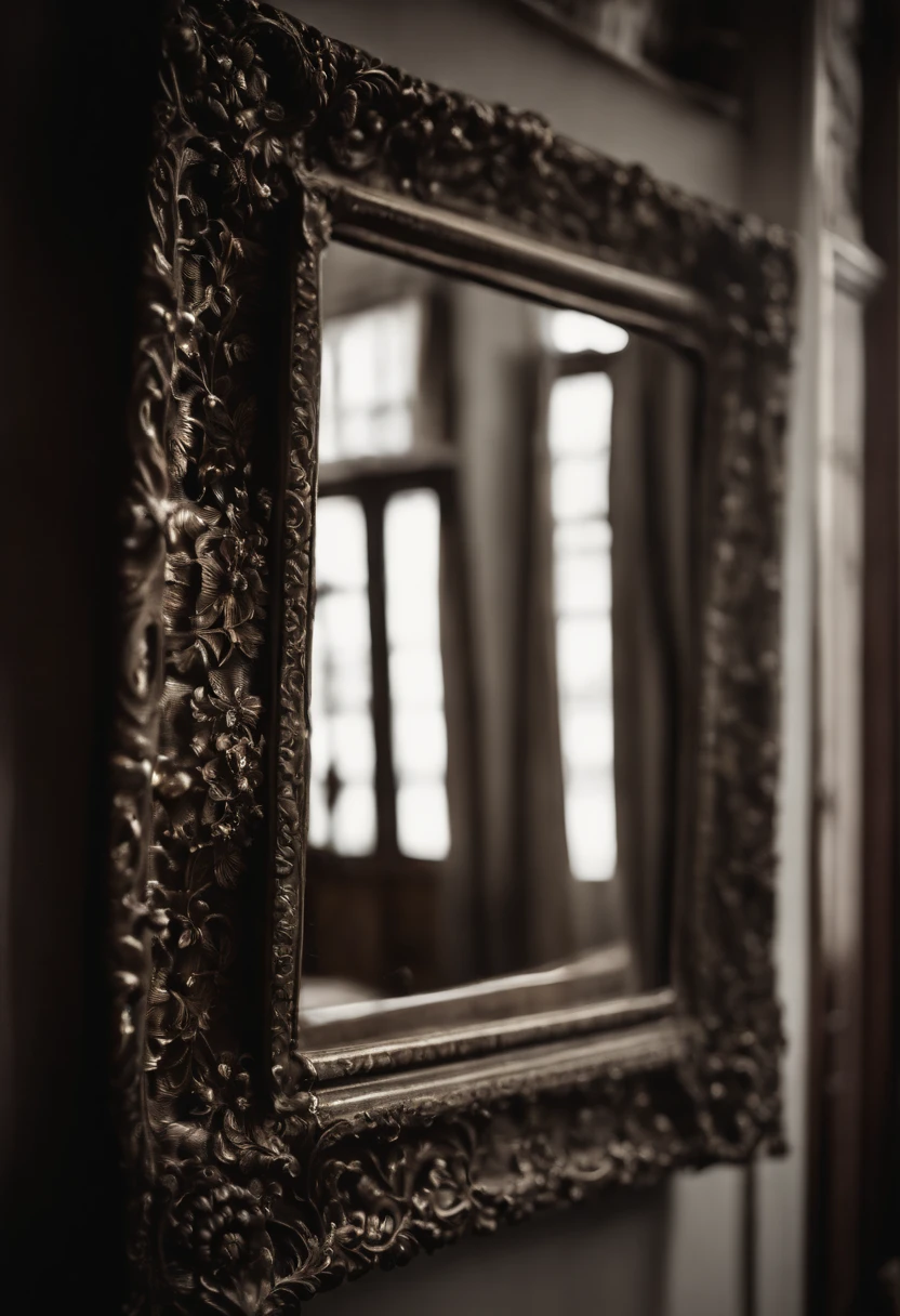 ancient black frame mirror, aged reflection, ornate details, vintage charm, intricate patterns, antiquity, mystery, decadent beauty, delicate filigree, old-world elegance, tarnished silver, delicate carvings, weathered wood, faded grandeur, dust and cobwebs, soft, diffused light, nostalgic aura