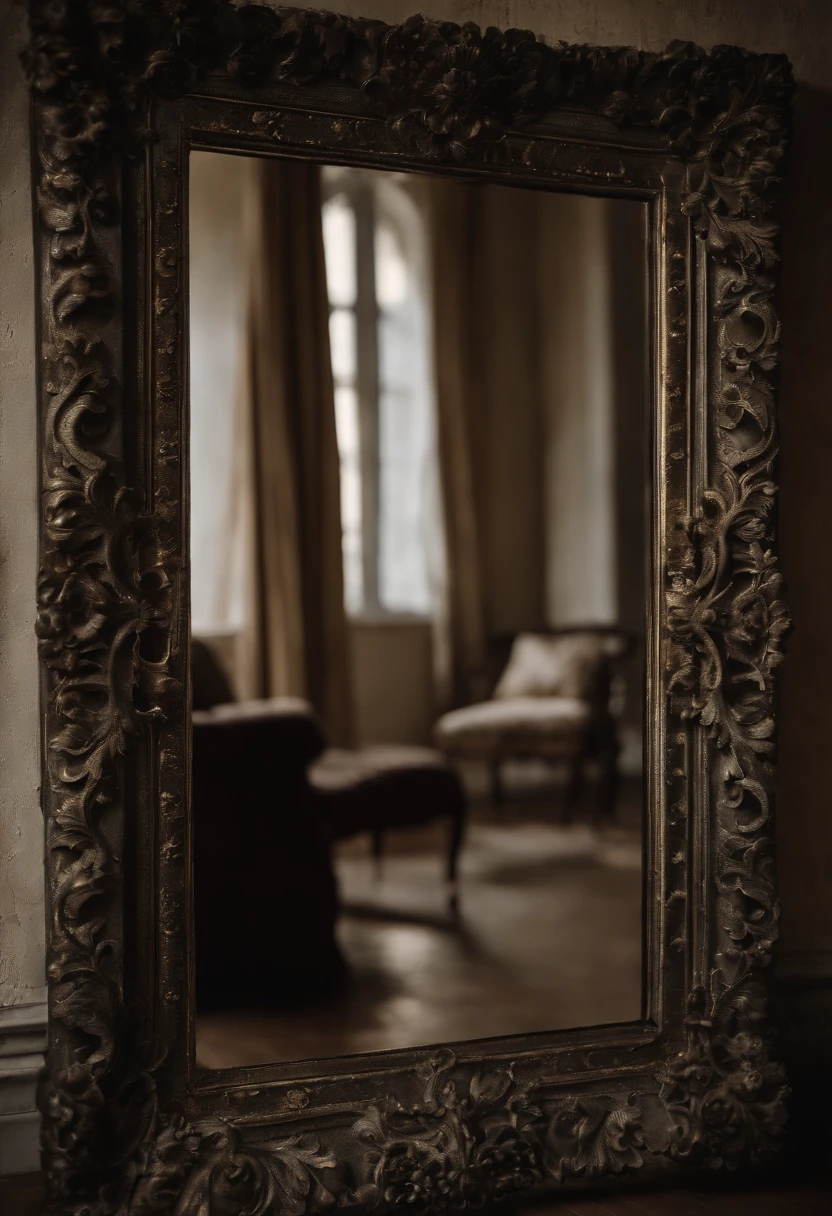 ancient black frame mirror, aged reflection, ornate details, vintage charm, intricate patterns, antiquity, mystery, decadent beauty, delicate filigree, old-world elegance, tarnished silver, delicate carvings, weathered wood, faded grandeur, dust and cobwebs, soft, diffused light, nostalgic aura