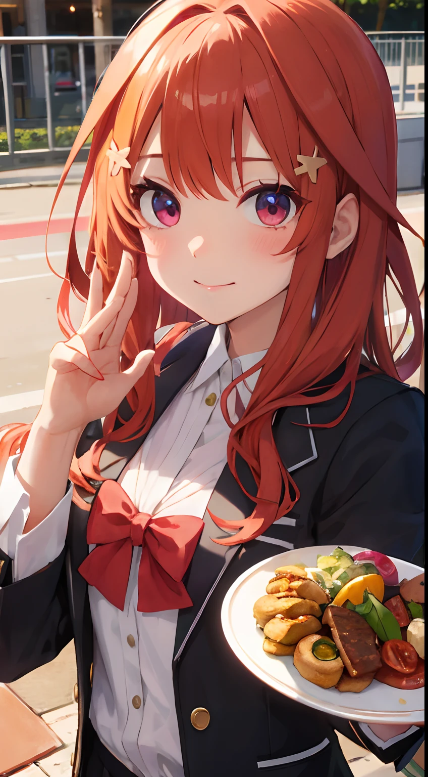 Bandeja blanca、girl with, Nakano tsuki、hombrecito、ojos rojos、cabello verde、Trajes:tomate、cosplay:Take、Traje rojo((Enano sentado en un plato:1.8))、kawaii、Tener miedo、tiembla por