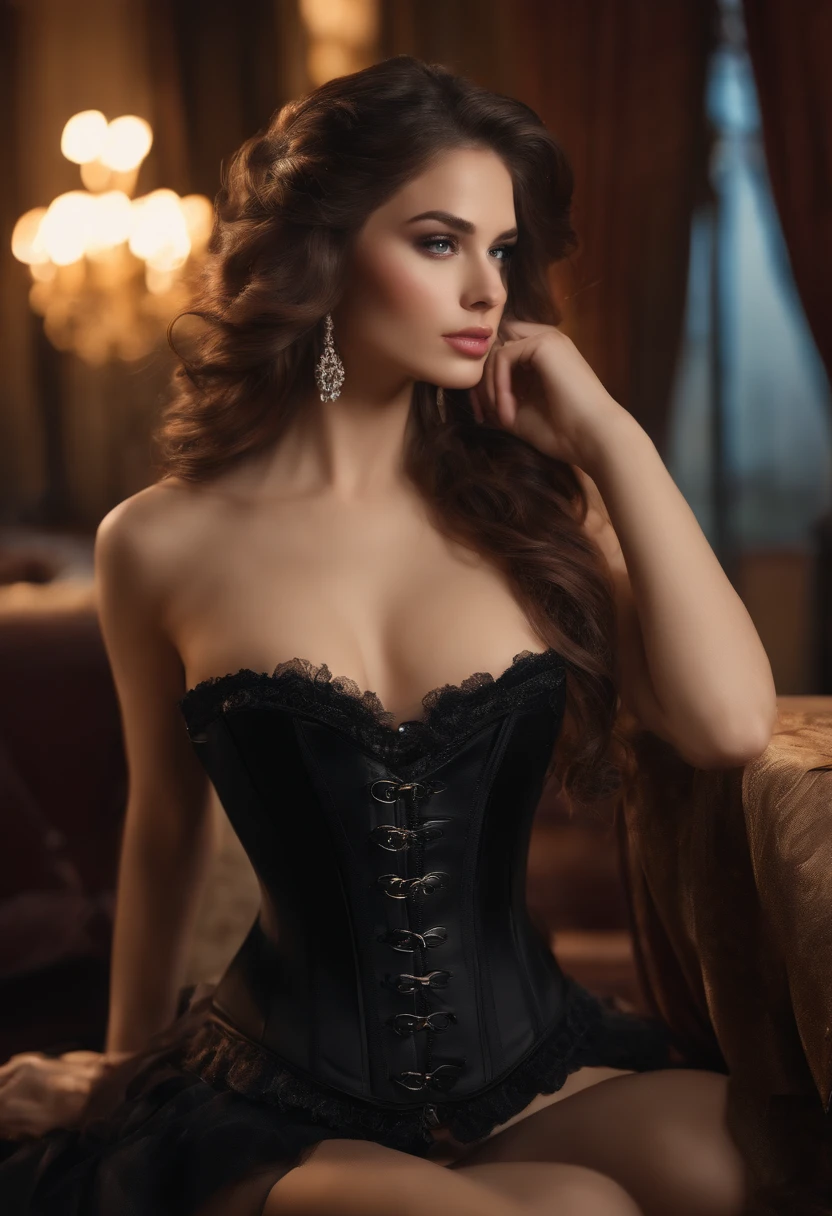 (Best Quality, Masterpiece: 1.1), (Fidelity: 1.4), 1 girl, upper body, long hair, five-star hotel, black corset, messy clothes, panties