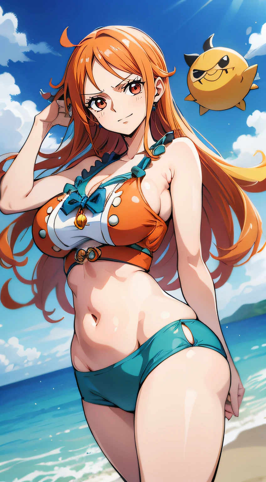 Generar una imagen realista de estilo anime de Nami de One Piece. Captura su apariencia distintiva con cabello naranja, una camisa, and a cheerful expression. Make sure the picture reflects your adventurous and confident personality as shown in the anime.., cuerpo completo, Plano amplio , NSFW, Curvy athletic body, Antecedentes de la isla,top de sujetador, falda, ojos naranjas, ojos naranjas, armpits, barriga, breasts
