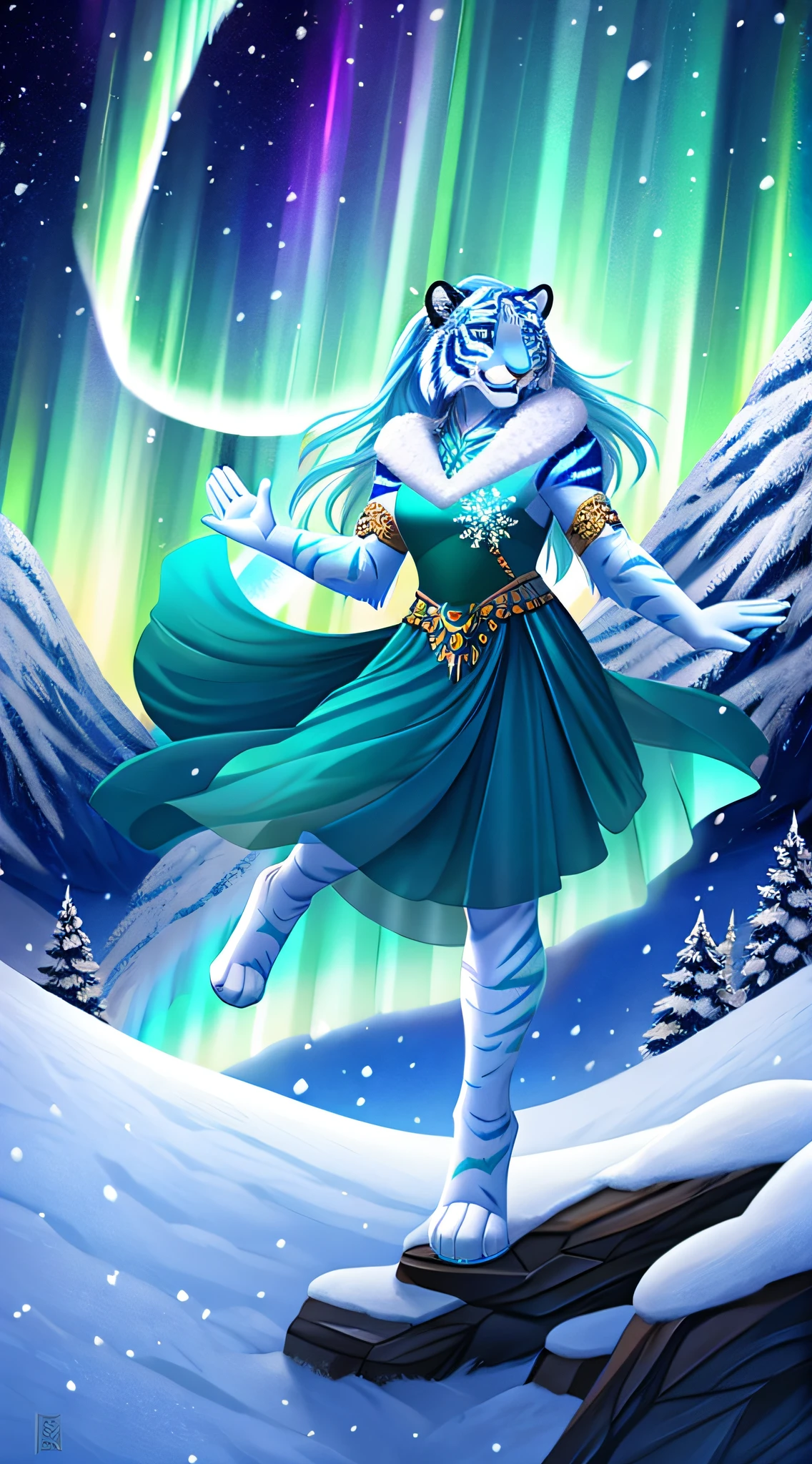 zoomed out image, fantasy style art, a shapely teenage anthropomorphic female white tiger who is an ice mage, blue eyes, long eyelashes, long fluffy tail curled upwards, teal dress with snowflake designs, waving her hands around displaying her ice magic, smiling confidently, on top of a snowy mountain, blizzard, snow falling, aurora borealis, stunning visuals, digital illustration.