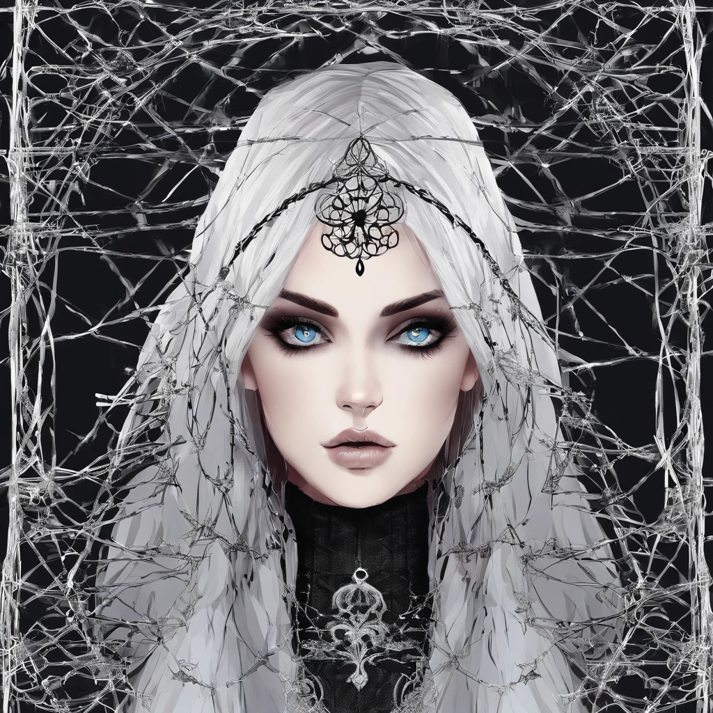 Girl rubia ojos azules ropa sensual y atrevida with gothic net symbolic clothes, 。.com (Barbed wire of the body) brunette color hair，Gray hair ends