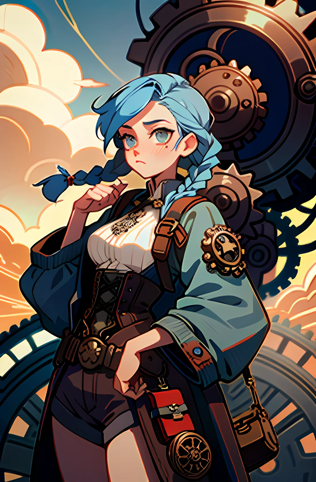 (best quality, masterpiece), 1girl, blue hair, braids,  steampunk, gears, cloudy sky, sexy, string, tight