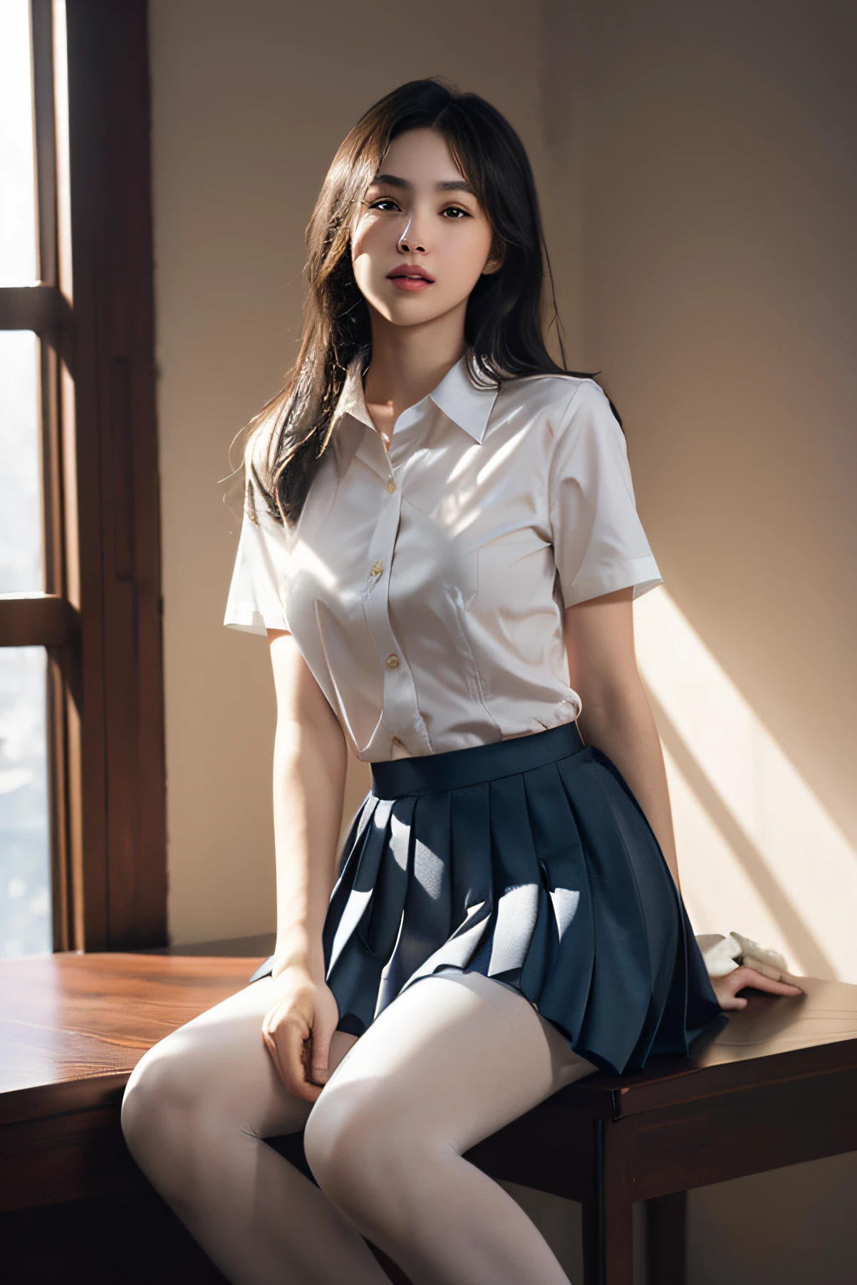 A woman who has been and tied up、Hands are tied with ropes、Sitting on a chair in a room、blue sky、Facing forward、White panties are visible、21talent、Beauty、Well-formed face、Make your eyes even、Beautiful black hair、Has bangedium build、Well-balanced proportions、Beautiful legs、Dark short-sleeved shirt、Long skirt、Like real life、highest quality、