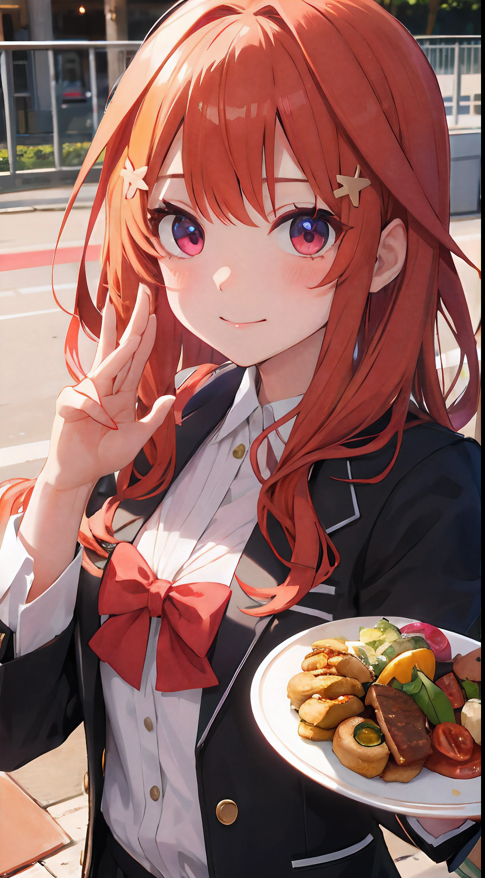 Bandeja blanca、girl with, Nakano tsuki、hombrecito、ojos rojos、cabello verde、Trajes:tomate、cosplay:Take、Traje rojo((Enano sentado en un plato:1.8))、kawaii、Tener miedo、tiembla por
