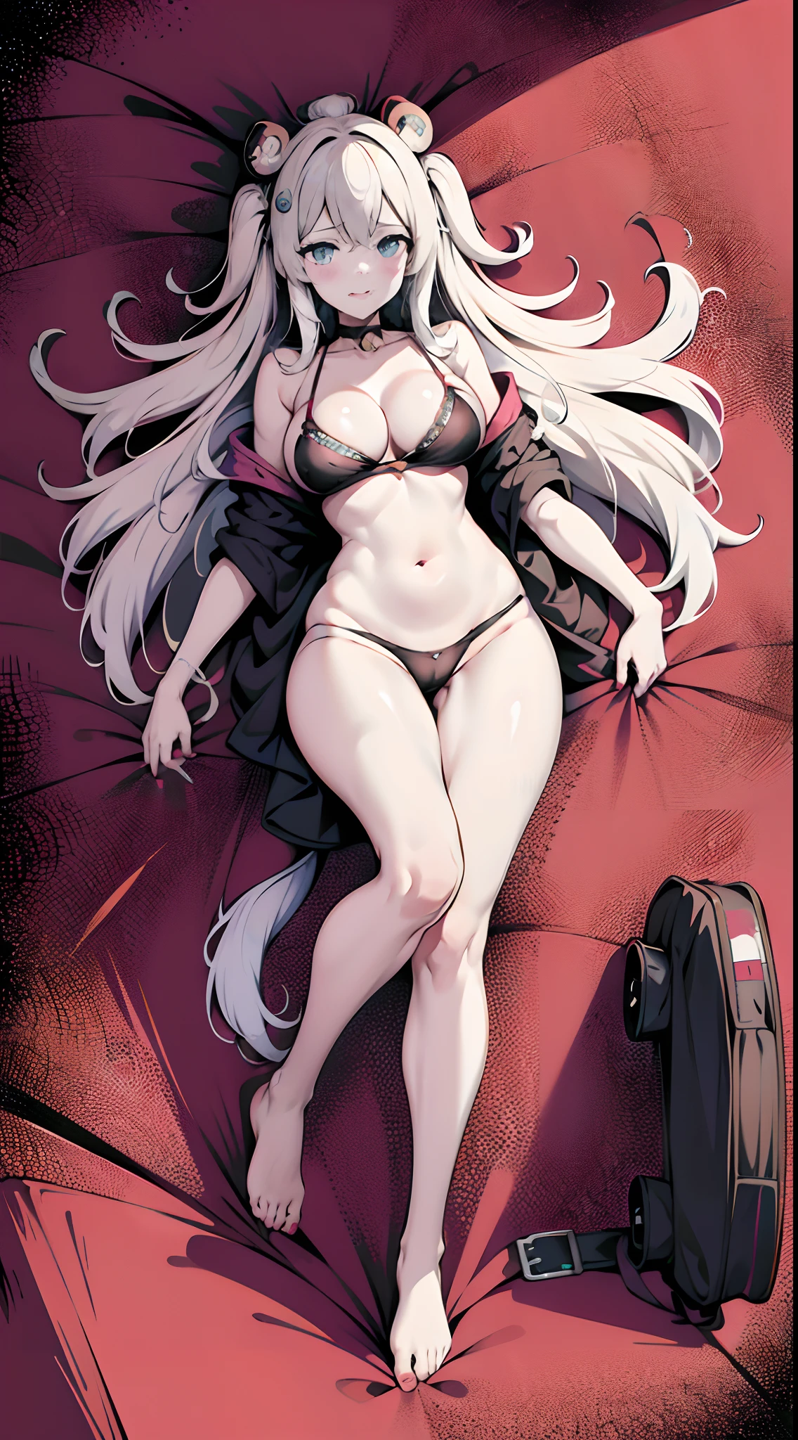 Junko Enoshima, A blonde long-haired, 1girll, double tails, 独奏, nedium breasts, eBlue eyes,, 鎖骨,big cleavage breasts, By bangs, Be red in the face, pervert smirk, looking at viewert, The upper part of the body, bear hair ornament, nail polish, rednails, Red bow, underdressing, choker necklace, Black bra,get down on the bed,Postural seduction,Bare back,Hand cover,Nipple blockers,Tummy looks sexy,Astringent,full body shot shot,Full Body Sweat,Lots of sweat,liquid milk,Convergence themes