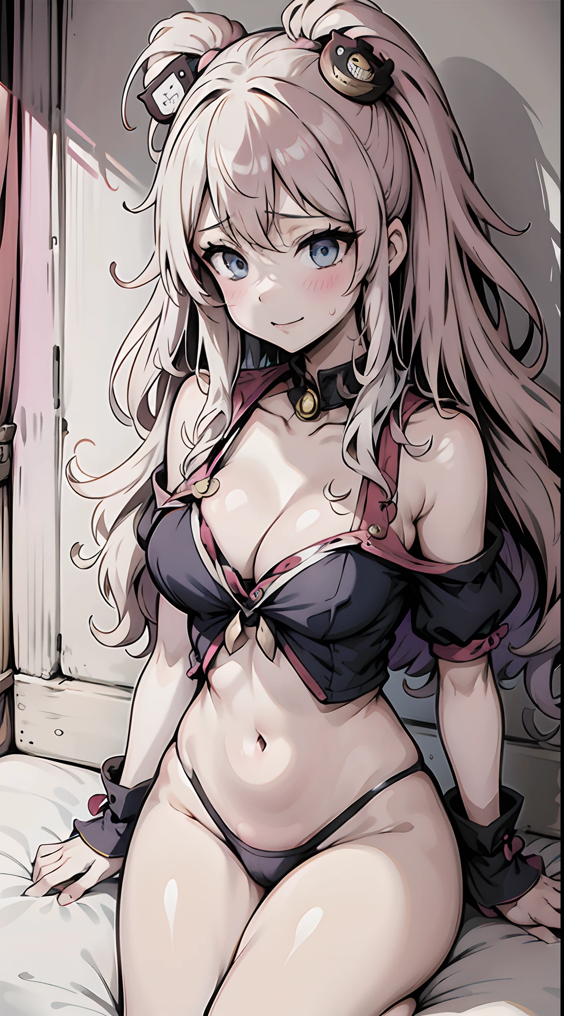 Junko Enoshima, A blonde long-haired, 1girll, double tails, 独奏, nedium breasts, eBlue eyes,, 鎖骨,big cleavage breasts, By bangs, Be red in the face, pervert smirk, looking at viewert, The upper part of the body, bear hair ornament, nail polish, rednails, Red bow, underdressing, choker necklace, Black bra,get down on the bed,Postural seduction,Bare back,Hand cover,Nipple blockers,Tummy looks sexy,Astringent,full body shot shot,Full Body Sweat,Lots of sweat,liquid milk,Convergence themes