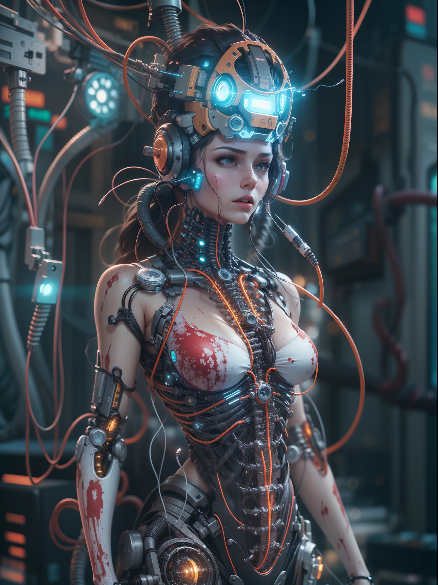 ((extremely delicate and beautiful cybernetic girl)), ((mechanical limbs)), (blood vessels connected to tubes), (mechanical vertebrae), ((mechanical cervical attaching to neck)), (wires and cables attaching to neck:1.2), ((mass of wires and cables on head)), (character focus), (((dynamic pose))), ((cowboy shot)), (masterpiece), (((best quality))), ((ultra-detailed)), (highly detailed photorealistic CG illustration), cinematic lighting, science fiction, extremely detailed,colorful,highest detail, cyberpunk city background.