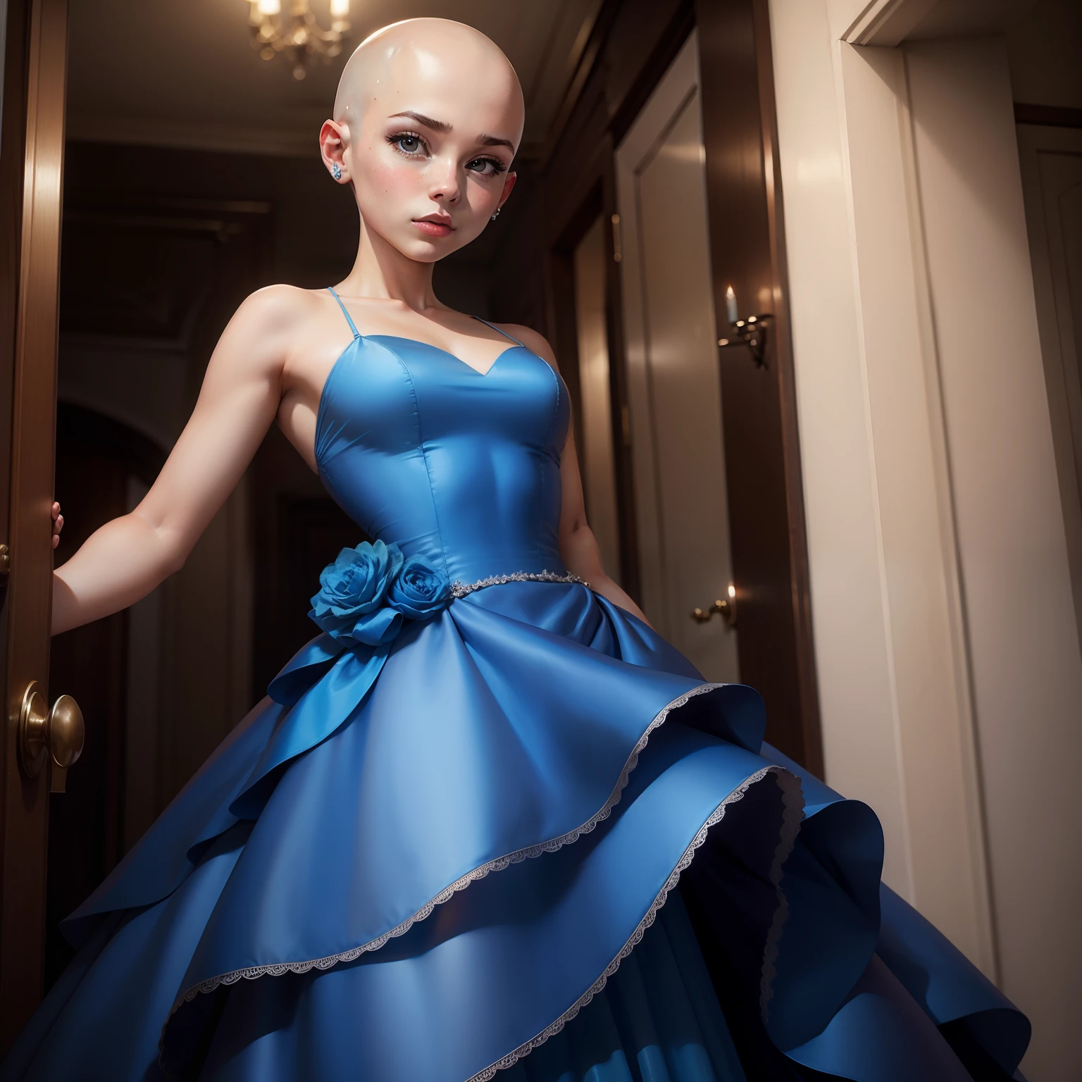 Bald girl in blue prom dress