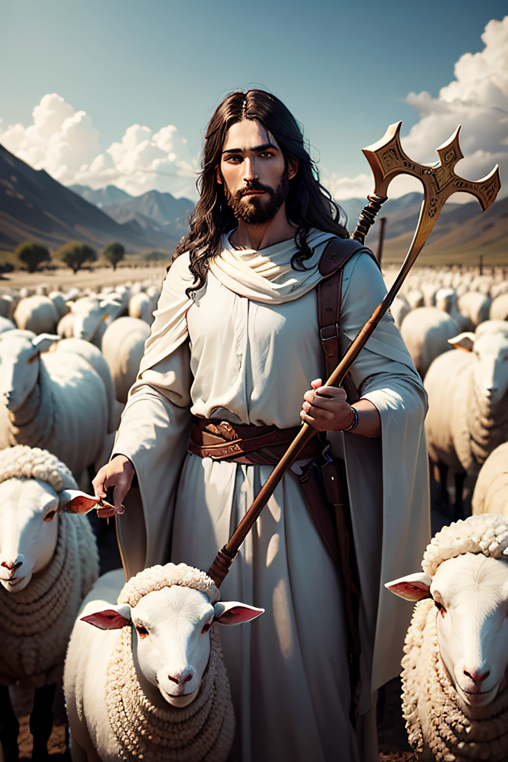 Jesus with staff in hand surrounded by white sheep, campo verde, 8k, realista