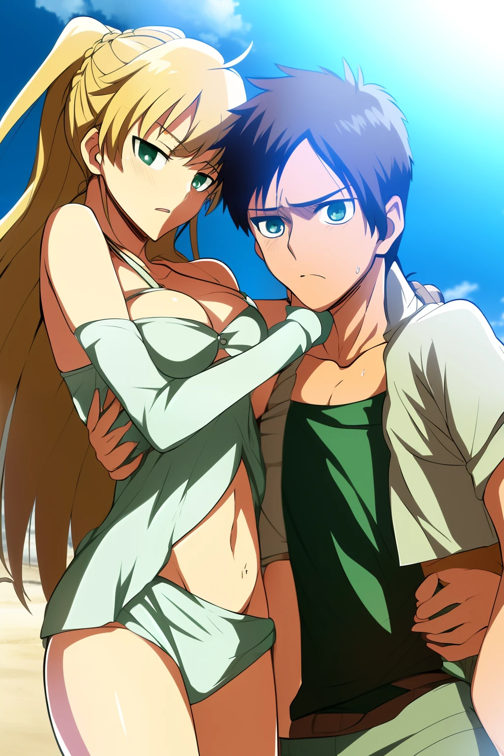 Alicetaria 1Fille, Alicetaria nue_chemise,Ouest_imprimer:,Eren Yeager, Eren and Alicetaria being an adorable couple very emotional in a beach, eren avec pantalon et pull, amour , content, French kiss kiss, happy