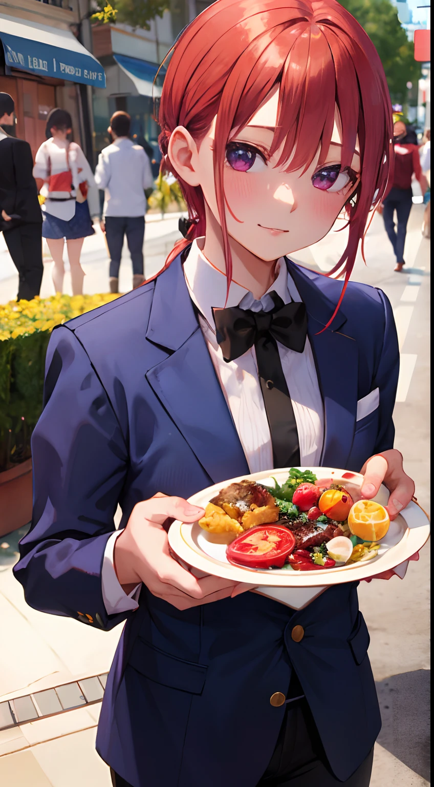 Bandeja blanca、girl with, Nakano ICHIKA、hombrecito、ojos rojos、cabello verde、Trajes:tomate、cosplay:tomar、traje rojo((Enano sentado en un plato:1.8))、kawaii、Tener miedo、tiembla por