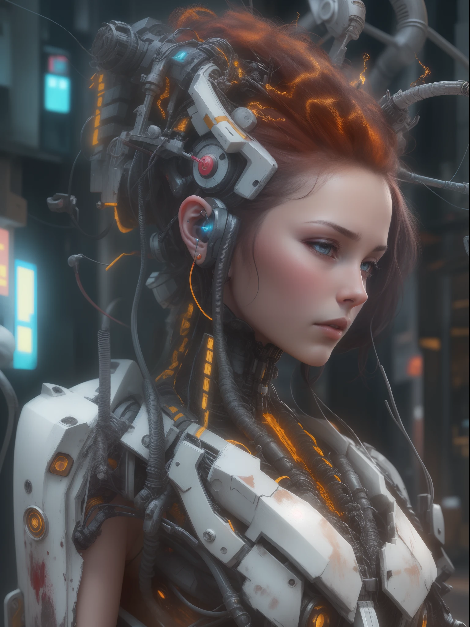 ((extremely delicate and beautiful cybernetic girl)), ((mechanical limbs)), (blood vessels connected to tubes), (mechanical vertebrae), ((mechanical cervical attaching to neck)), (wires and cables attaching to neck:1.2), ((mass of wires and cables on head)), (character focus), (((dynamic pose))), ((cowboy shot)), (masterpiece), (((best quality))), ((ultra-detailed)), (highly detailed photorealistic CG illustration), cinematic lighting, science fiction, extremely detailed,colorful,highest detail, cyberpunk city background.