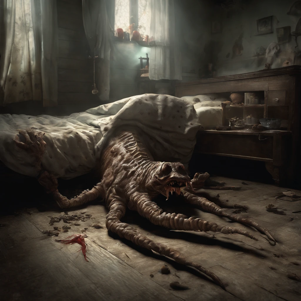 there is a creepy creature that is laying on the floor, the monster under the bed, sleep paralysis monster