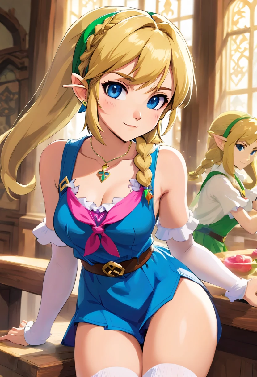 (a), 1girl, large breasted, blonde pigtails, pink sleeveless waitress outfit, white thigh high socks, braces, sexy, nsfw, (best quality:1.2), ultra-detailed, realistic, portraits, vivid colors, soft lighting, vibrant background, has bright blue eyes, sexy, nsfw