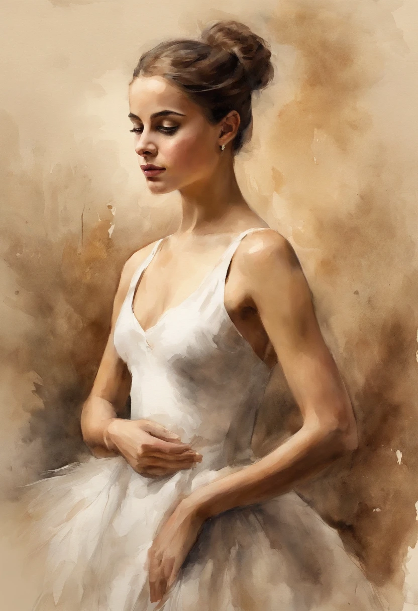 Young classical dancer, ((Alicia Vikander:Emma Watson:0.5)), con una pose de ballet, Fondo de pantalla HD, color sepia, fondo de pantalla de alta calidad, photo session, pose llamativa, Female 18 years old,, Retrato tirado 8 K