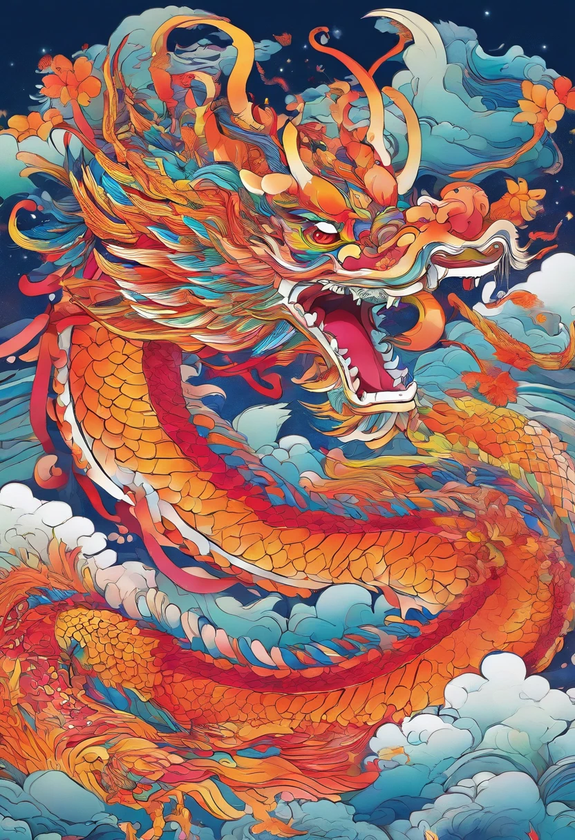 bright colors, detailed scales, majestic creature, vivid artwork, mythical beast, energetic, vibrant, intricate patterns, flying in the sky, magical encounter, joyful atmosphere, traditional culture, auspicious symbol, splendid moment, dragon dance, joyful celebration, flowing movements.