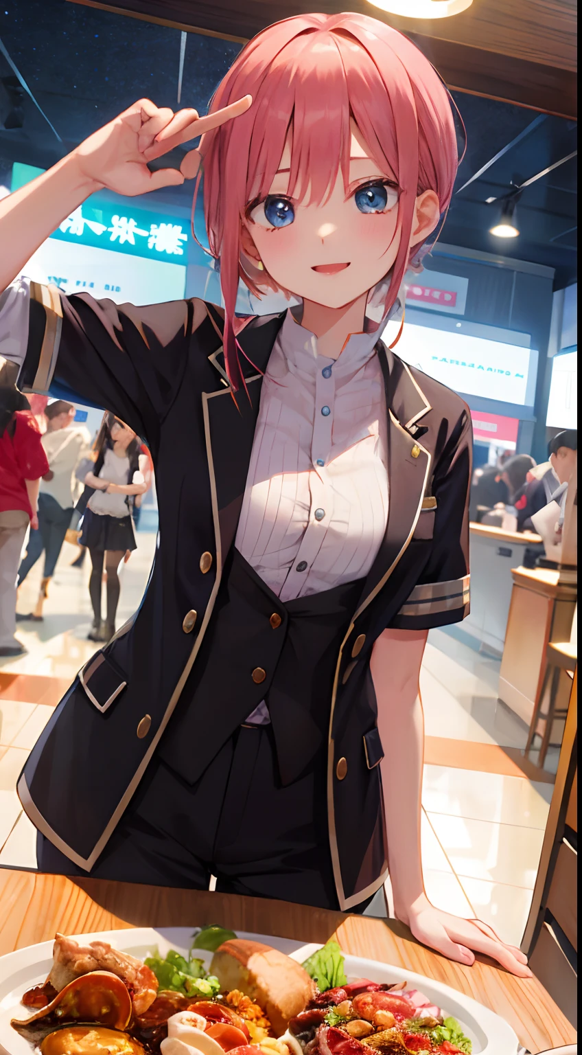 Bandeja blanca、girl with, Nakano Ichika、hombrecito、ojos rojos、cabello corto、Trajes：tomate、cosplay：tomar、traje rojo（（Enano sentado en un plato：1.8））、kawaii、Tener miedo、tiembla por