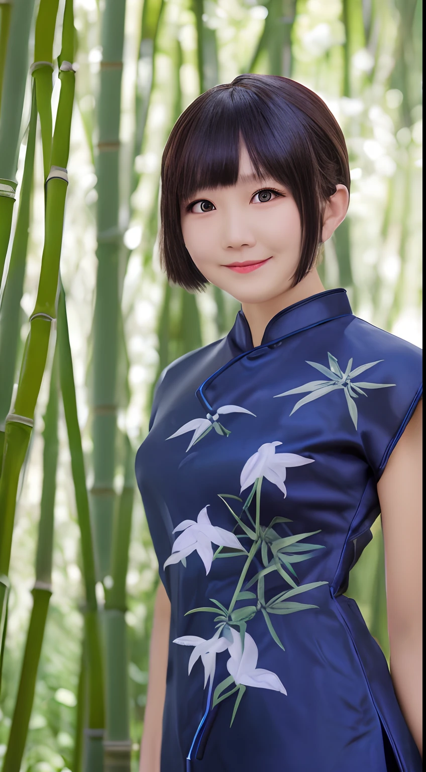 A smiling girl,Wear a cheongsam,ponytail haircut,Standing in a bamboo forest,com rosto detalhado,The eyes are delicate,Perfect hands,The photo quality is the best,Realistic image quality,Background diffuse lighting,Depth of field display。