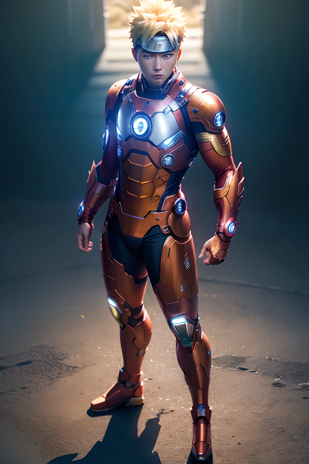 uzumaki naruto (naruto) as ironman, full body, solo, male, man, realistic, detailed, perfect lighting, perfect shadow, perfect body, perfect picture, Super High Resolution, (Realism: 1.4), Original Photo, Best Quality, Masterpiece, Cinematic Experience