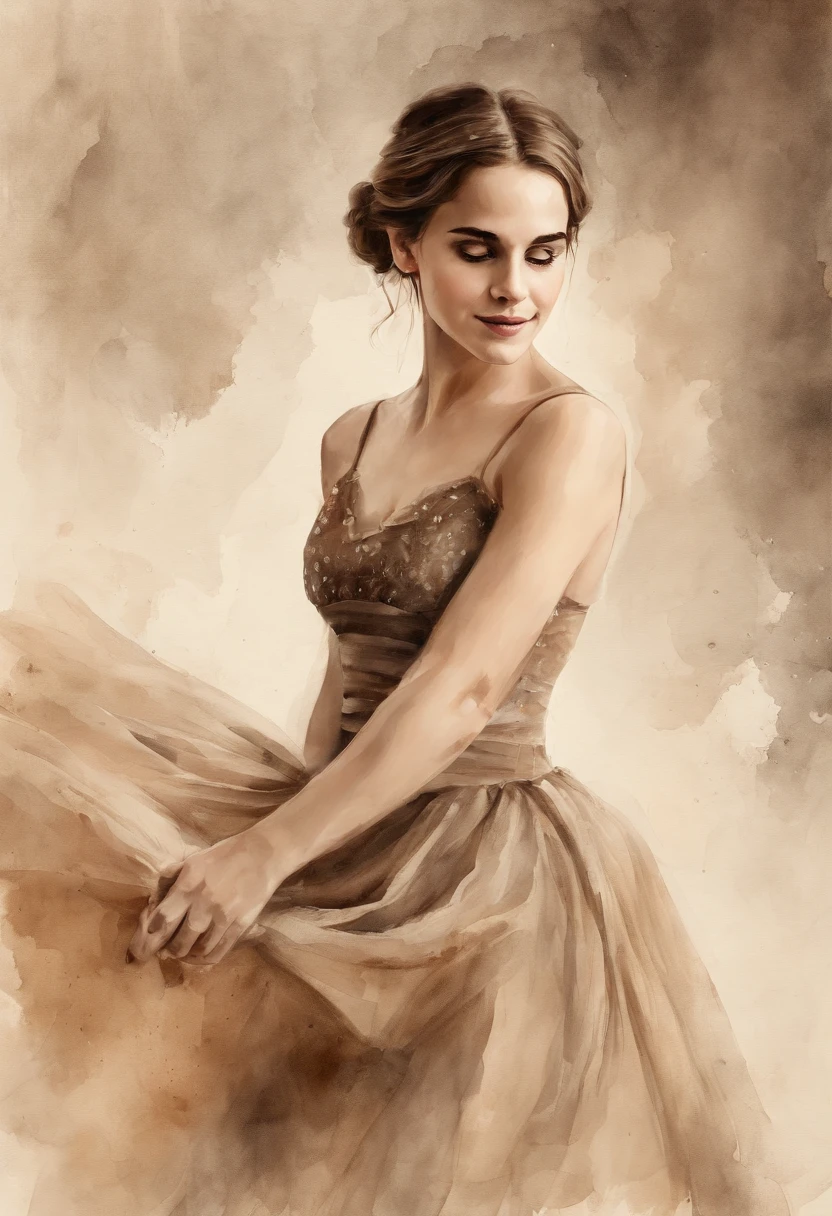 Young classical dancer, (Emma Watson), con una pose de ballet, Fondo de pantalla HD, color sepia, fondo de pantalla de alta calidad, photo session, pose llamativa, Female 18 years old,, Retrato tirado 8 K, see-through dress