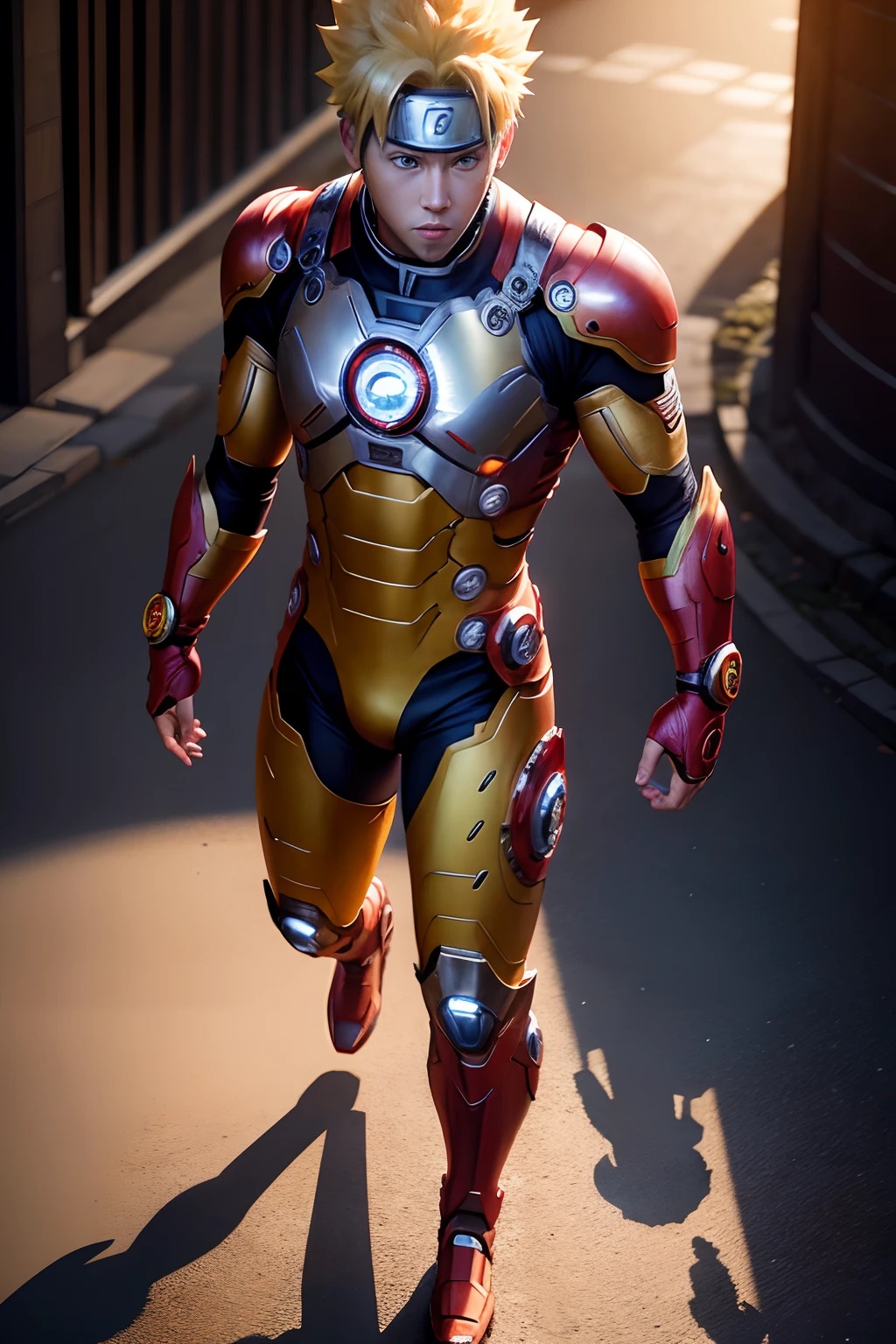 uzumaki naruto (naruto) as ironman, full body, solo, male, man, realistic, detailed, perfect lighting, perfect shadow, perfect body, perfect picture, Super High Resolution, (Realism: 1.4), Original Photo, Best Quality, Masterpiece, Cinematic Experience