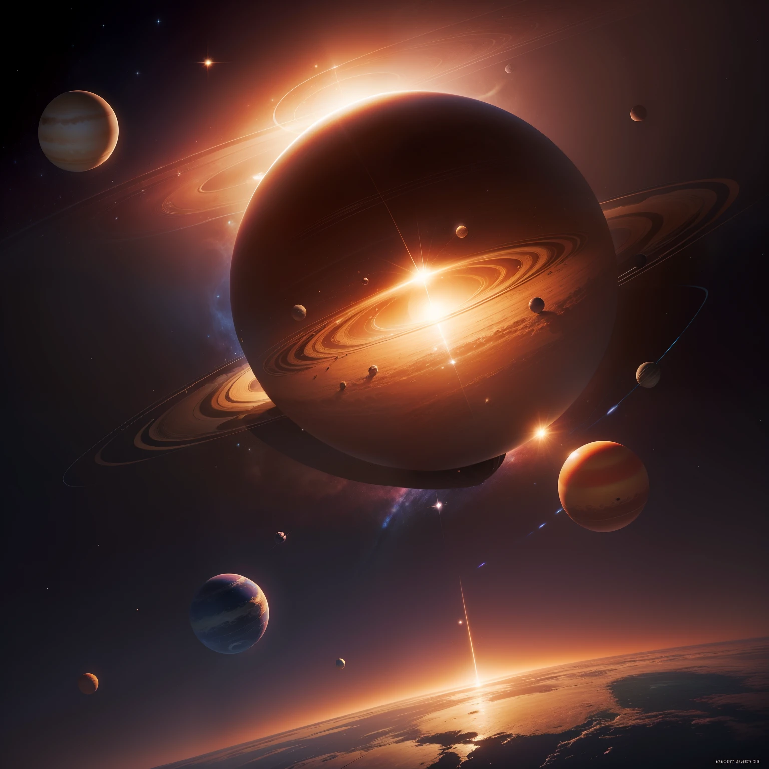 Generate a digital image representing the cover of my book titled "The Music of the Planets." The image should depict a view from space of the solar system with the following elements:- In the center of the image, the Sun, a brilliant yellow sphere with a soft halo of light.- Orbiting around the Sun in their respective orbits, the planets of the solar system: Mercury, Venus, Earth, Mars, Jupiter, Saturn, Uranus, and Neptune.- Each planet should be represented with its distinctive features, including the atmosphere and surface (or rings if applicable).- Moons of the planets, if they have them, should be present in the image.- Draw orbits around the Sun to represent the trajectories of each planet.- Incorporate mathematical and musical symbols artistically into the image to symbolize the concept of calculating the frequency of each planet in relation to Earth and celestial music.- Include musical waves extending from the planets, conveying the sense of celestial and ancient music.Please