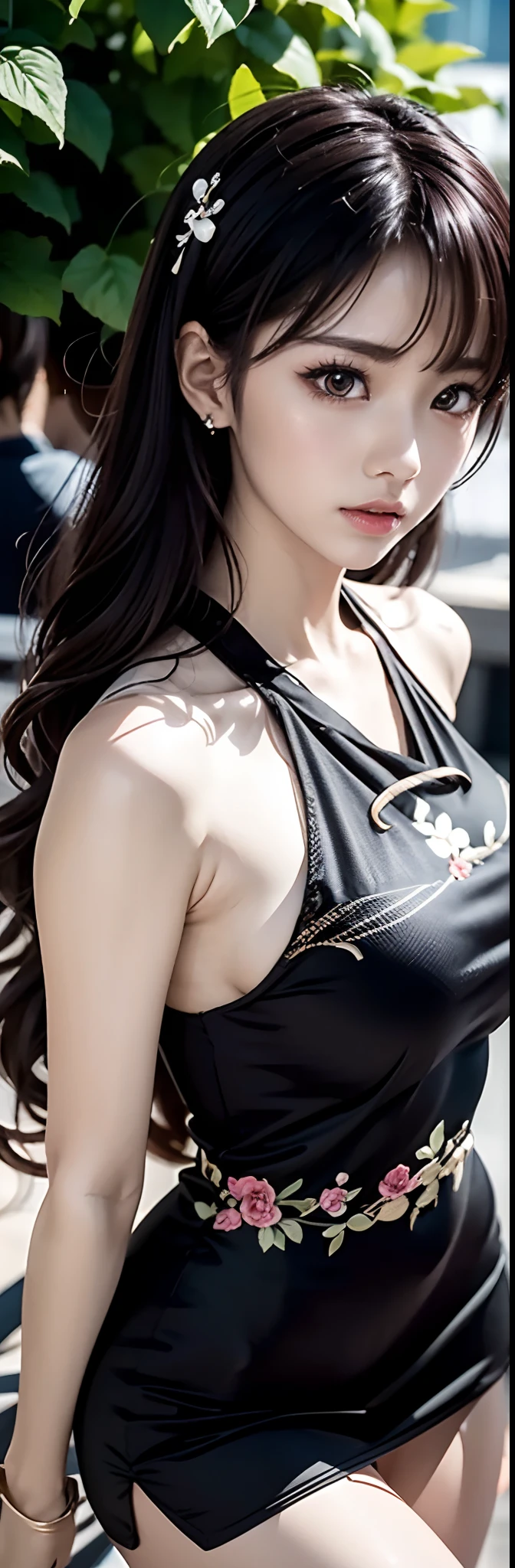 (Best quality, Ultra-detailed, photo-realistic:1.37), 3D anime style girl with green wavy curls, A delicate facial feature,Girl with long eyelashes, Bright red eyes reflect light, full pouty lips, A colorful crystal necklace, Black cheongsam dress,white trim, Peony pattern on clothes, Clear black border thigh stockings, and ultra-wide-angle anime shots.