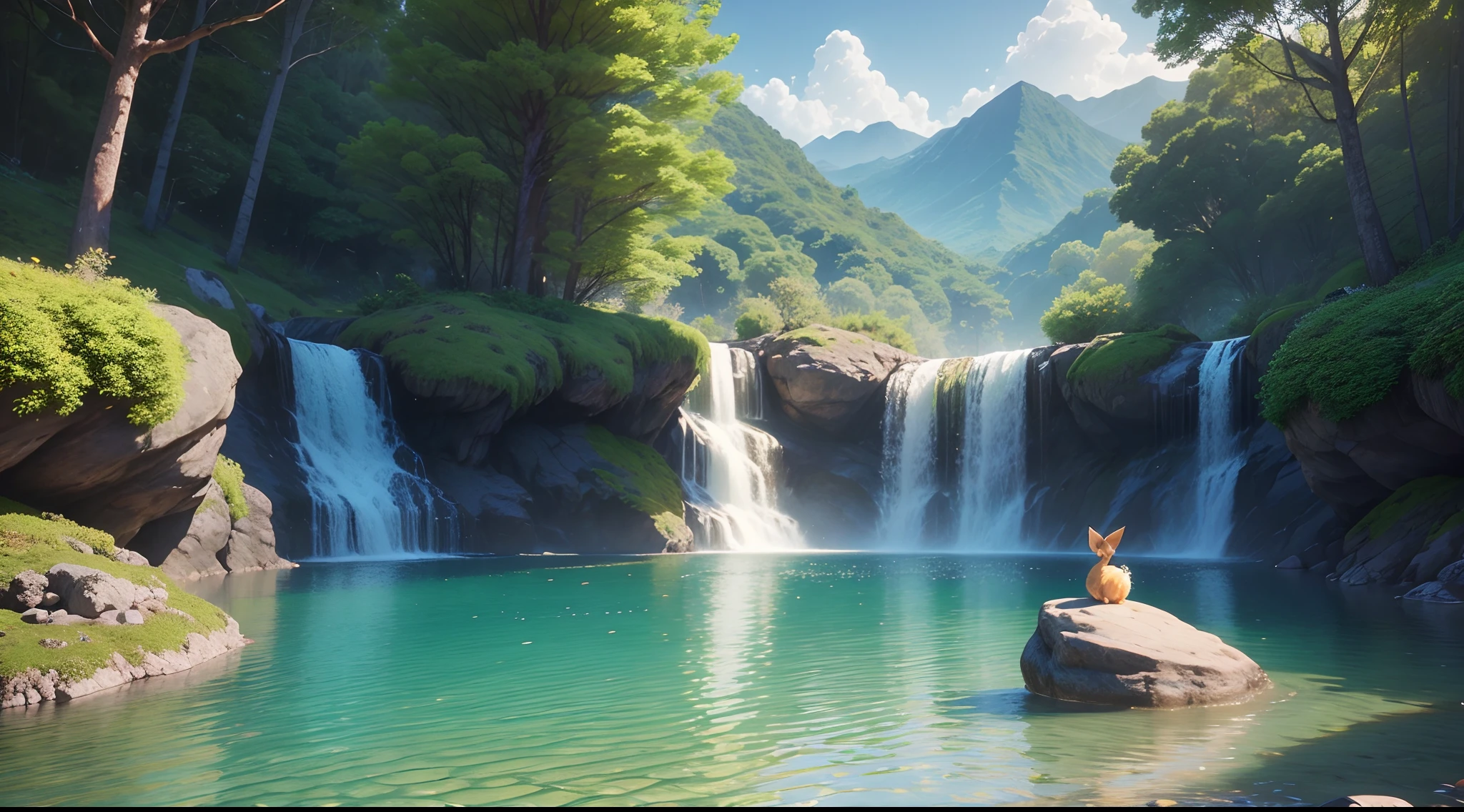 Detailed digital art illustration, render 3D bonito, painting digital adorable, isometric 3d fantasy, 3 d render estilizado, render 3d estilizado, liquidificador eevee render, estilizado como um render 3d,  floreta tropical com vista para cachoeira ao horizonte com montahas