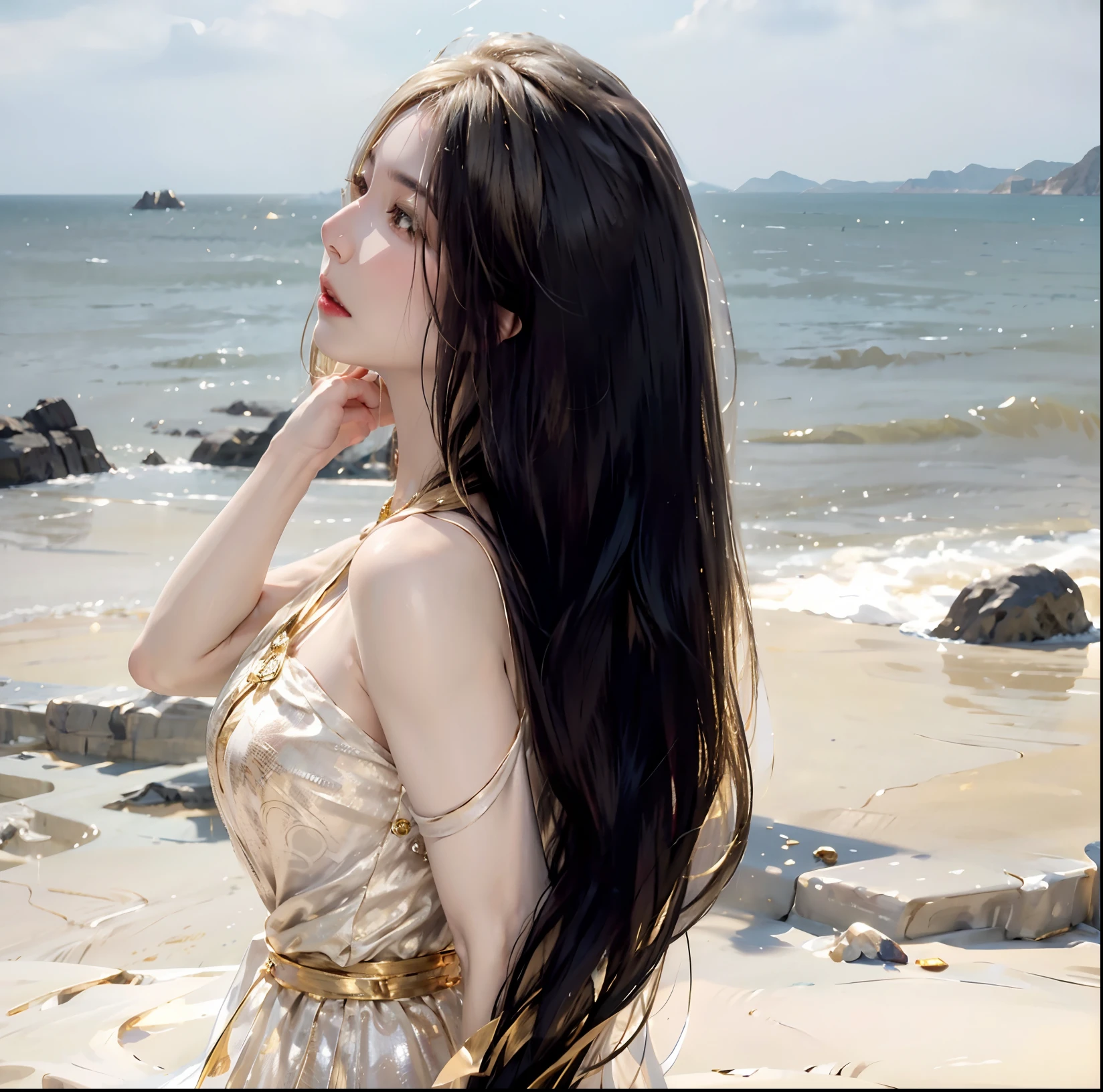 ultra detailed 8k cg,intricate detail,delicate patern,jewelry,gem,gold,golden,gold theme,shiny,glint,sparkle,blonde hair,yellow cloak,yellow eyes,rich,prestige,gothic architecture,(topless:1.1),